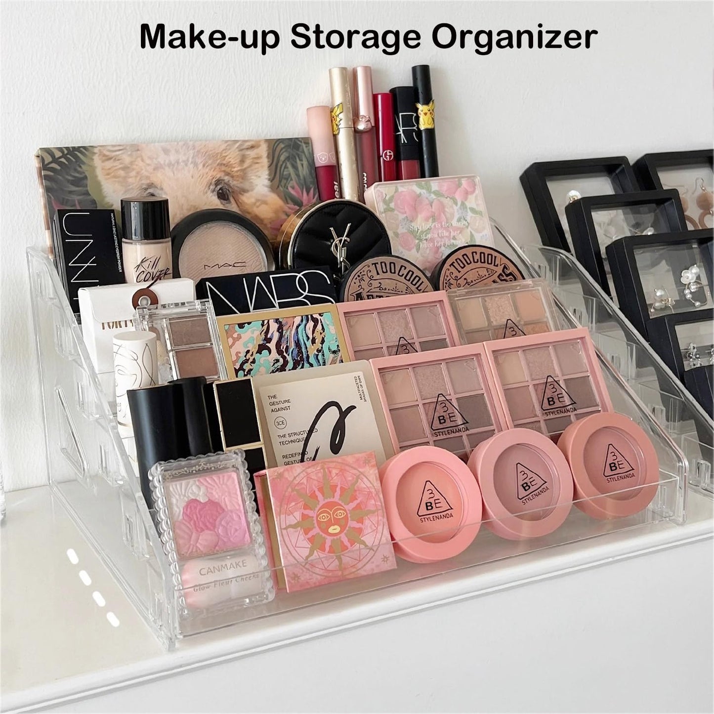 Himilucky 7 Tier Acrylic Display Stand Organiser with Fences, Perfume Stand Organiser, Clear Display Shelf for Home, Office, Retail for Funko Figures Toys Cupcake Food, Cologne, Cosmetics, Storage