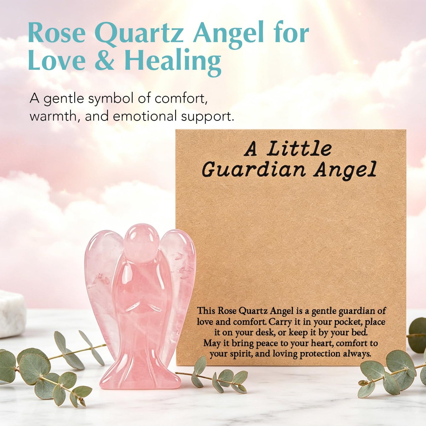 Rose Quartz Angel Gift for Women, Mini Crystal Guardian Angel Keepsake, Healing Stone Pocket Hug, Small Angel Decor for Desk Bedside, Comfort Encouragement Gift for Friend, Sister, Mom (Rose Quartz)
