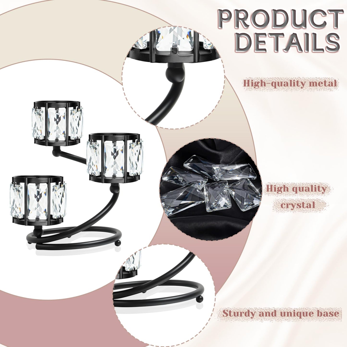 Metal 3 Arm Crystal Candle Holder - Tea Light Centerpiece Candle Holder, Votive Holder with Sparkling Crystal Bowl, Suitable for Wedding, Table Centerpiece, Home Decor (1, 3 arm-Black)