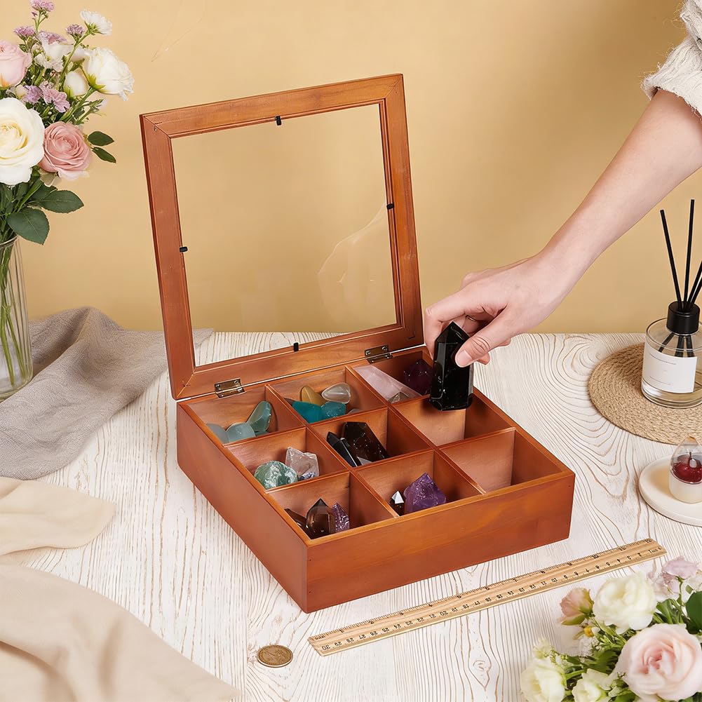 UNICRAFTALE 9-Grid Wooden Rock Display Box Wood Specimen Case 72mm Compartment Brown Crystal Storage Stone Collection Holder for Minerals Trinkets Jewelry Organizer 9.45x9.45x2.78 Inch