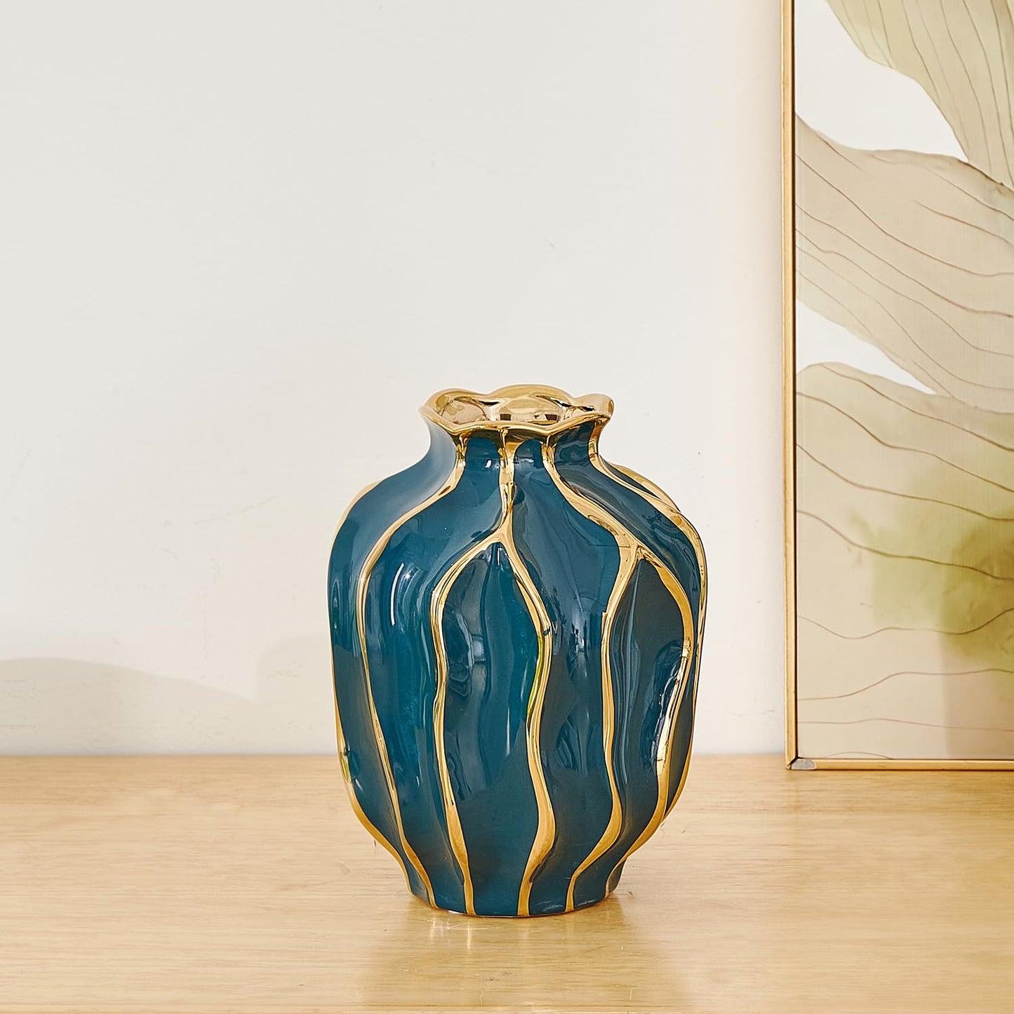 OTARTU Golden Striped Vase for Home Decor, Decorative Ceramic Flower Vase, Glazed Surface, Decoration for Bedroom, Office, Living Room, Bathroom, Tabletop Decor (Peacock Blue-Pomegranate-Shaped)
