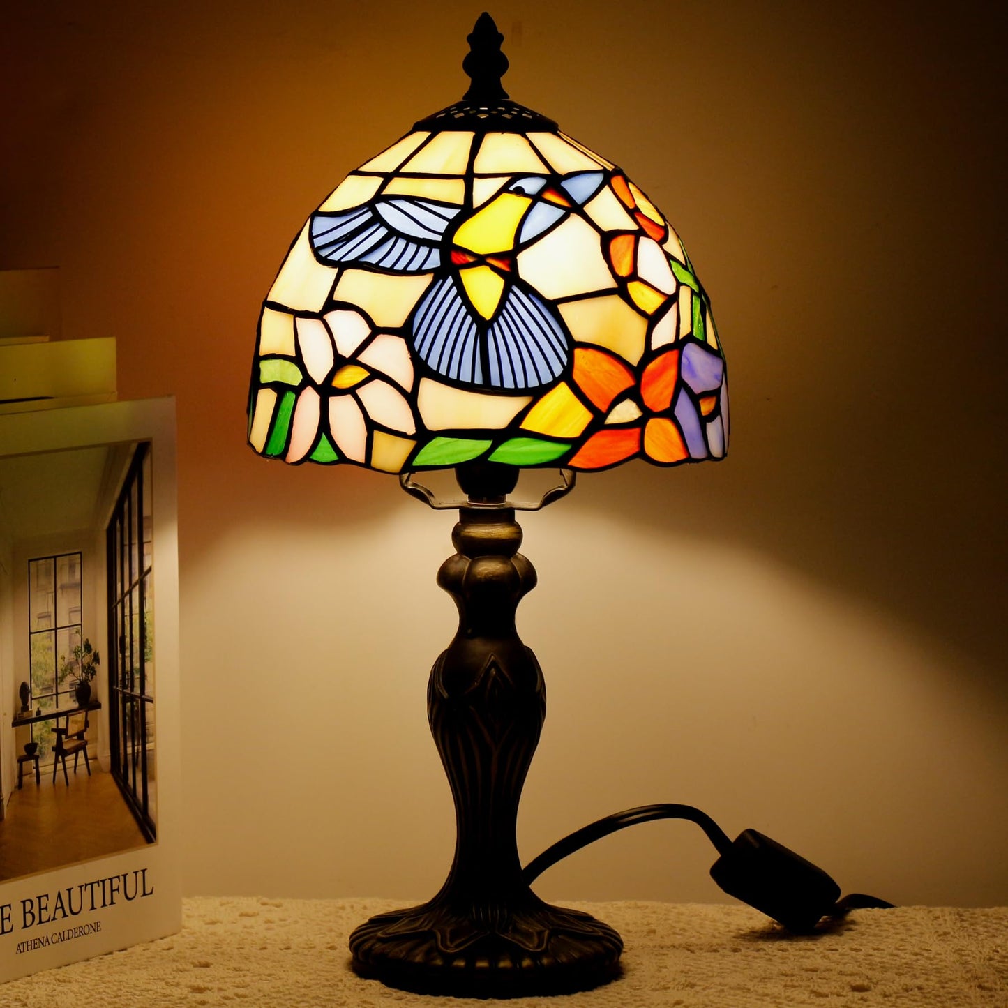 TCODTPOL Small Tiffany Stained Glass Table Lamp,Hummingbird
