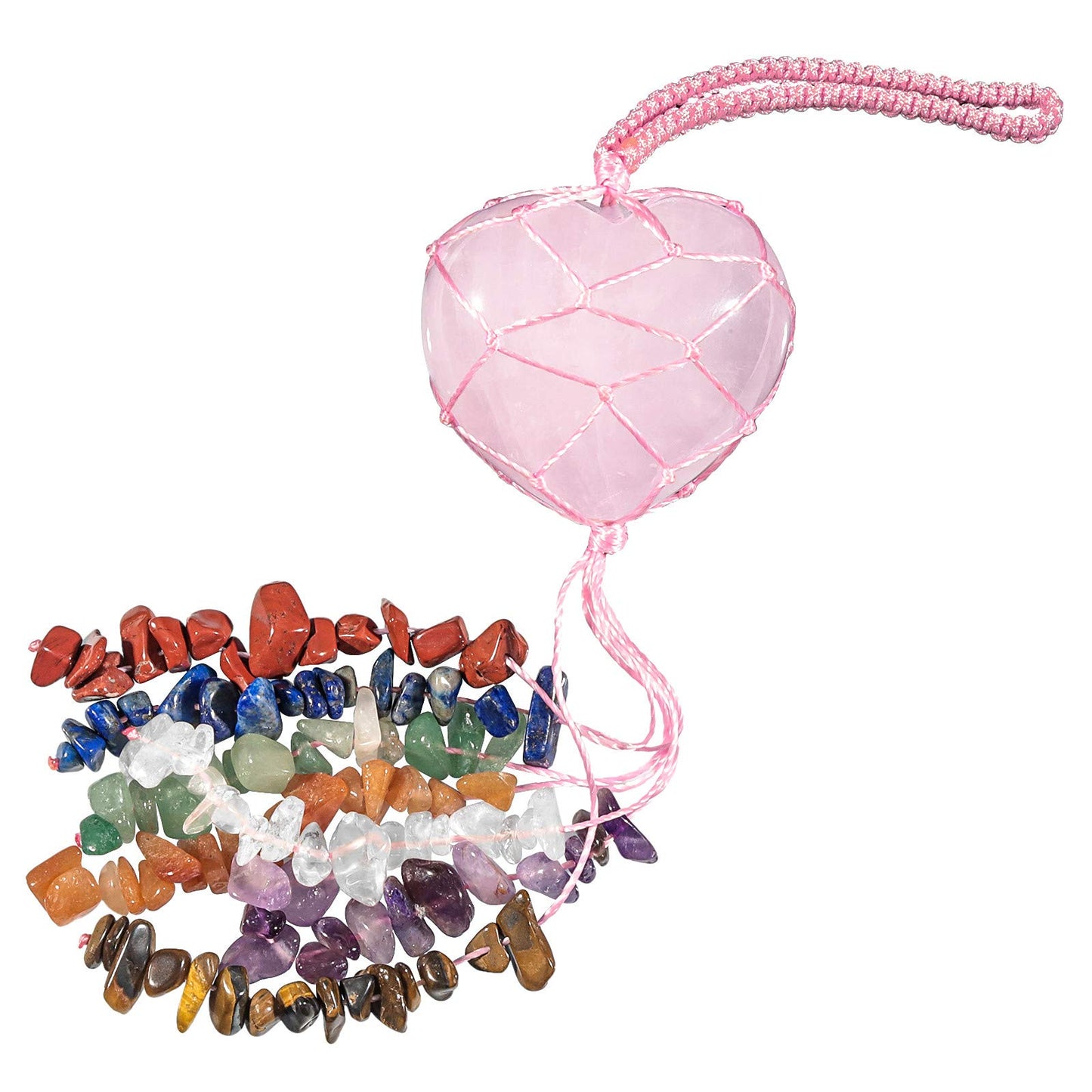 mookaitedecor Rose Quartz Heart Shape Hanging Ornament, 7 Chakra Healing Stones Tumbled Gemstones Crystal Tassels for Car & Home Decoration, Yoga Meditation
