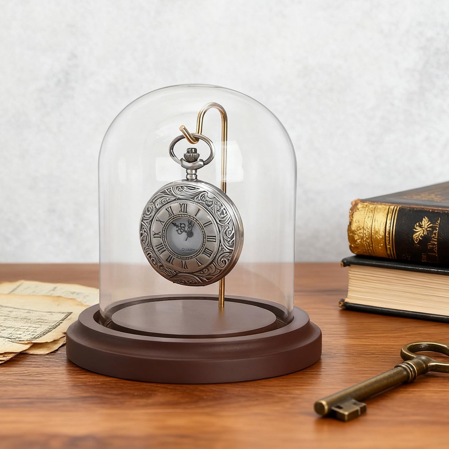 ZOOFOX 2 Pack Pocket Watch Glass Display Dome, Clear Glass Display Cloche with Hook and Wooden Base, 3" x 4" Decorative Bell Jar for Watch Plants Medals Photos Collectibles