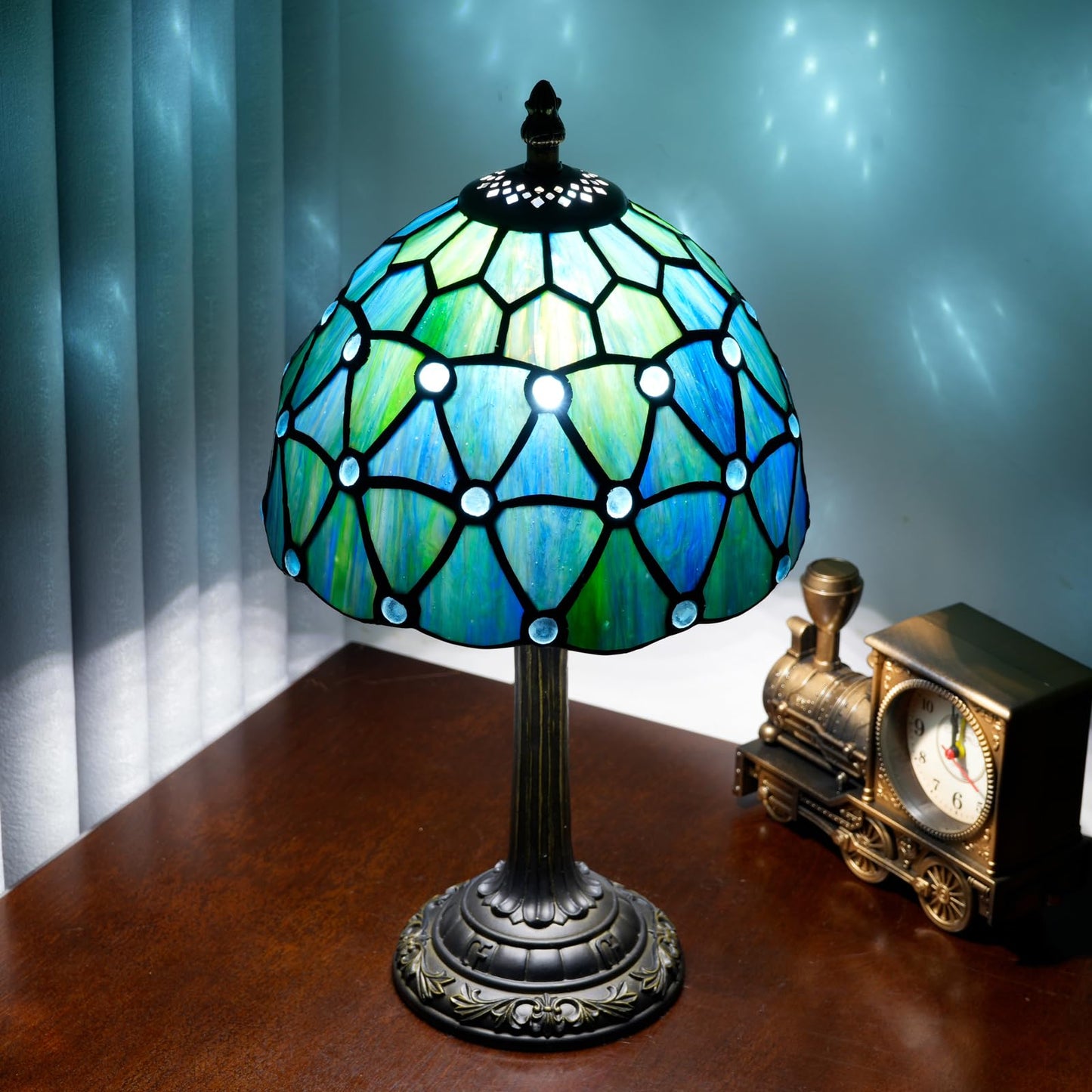 KIPHEPI Tiffany Lamp Stained Glass Table Lamp 8X8X14 Inches Sea Blue Style Living Room Bedroom Dorm Kitchen Home Decor Festival Birthday Gift
