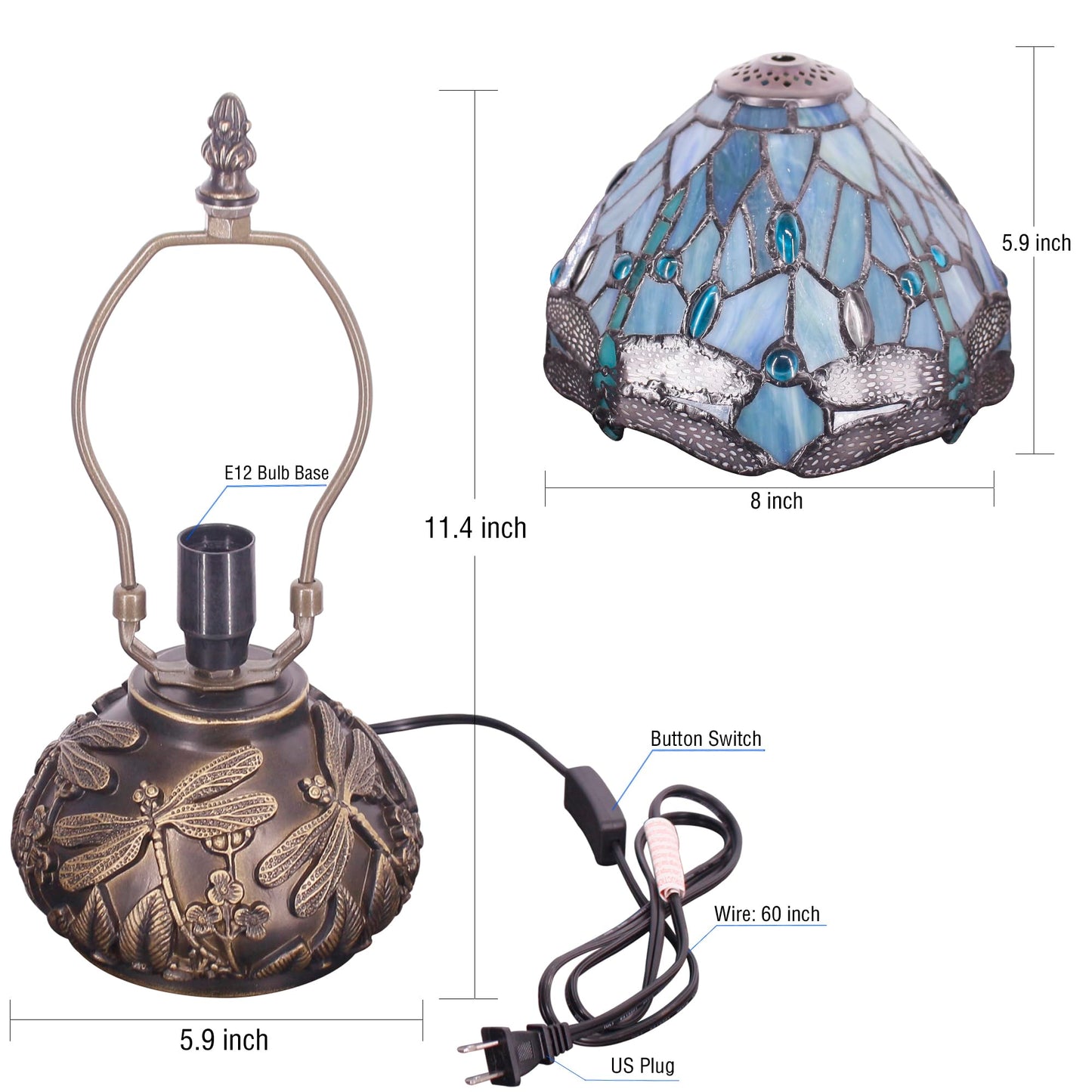 SYETL Small Tiffany Lamp Mini Stained Glass Table Lamp Sea Blue Dragonfly Style Mushroom Desk Light Memory Sympathy Lamp 8X11 Inch