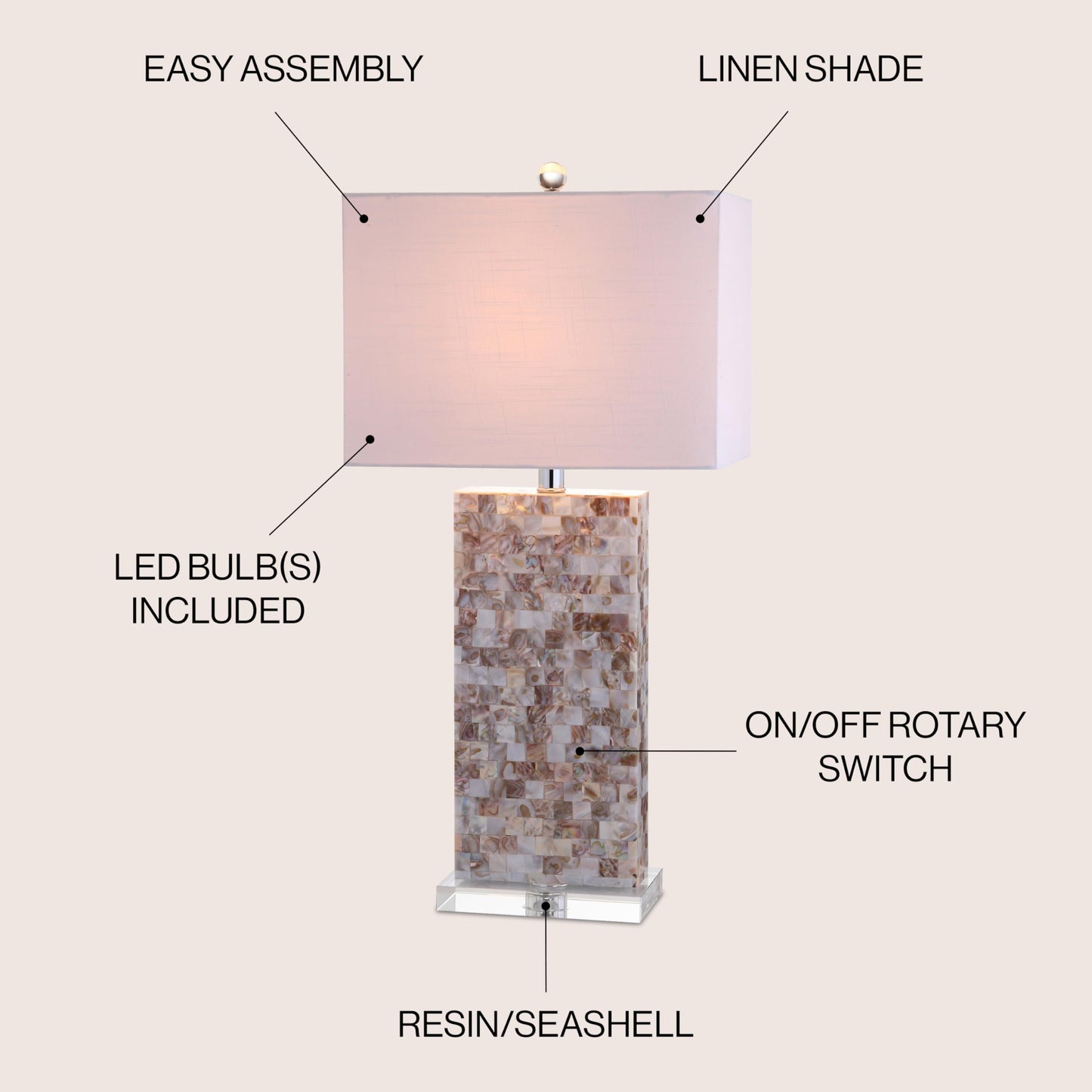 JONATHAN Y 29" Natural Seashell and Crystal Table Lamp, Coastal Mosaic Capiz Shell Bedside Lamp for Living Room Bedroom, White Linen Rectangle Shade, LED Bulb Included JYL1059A
