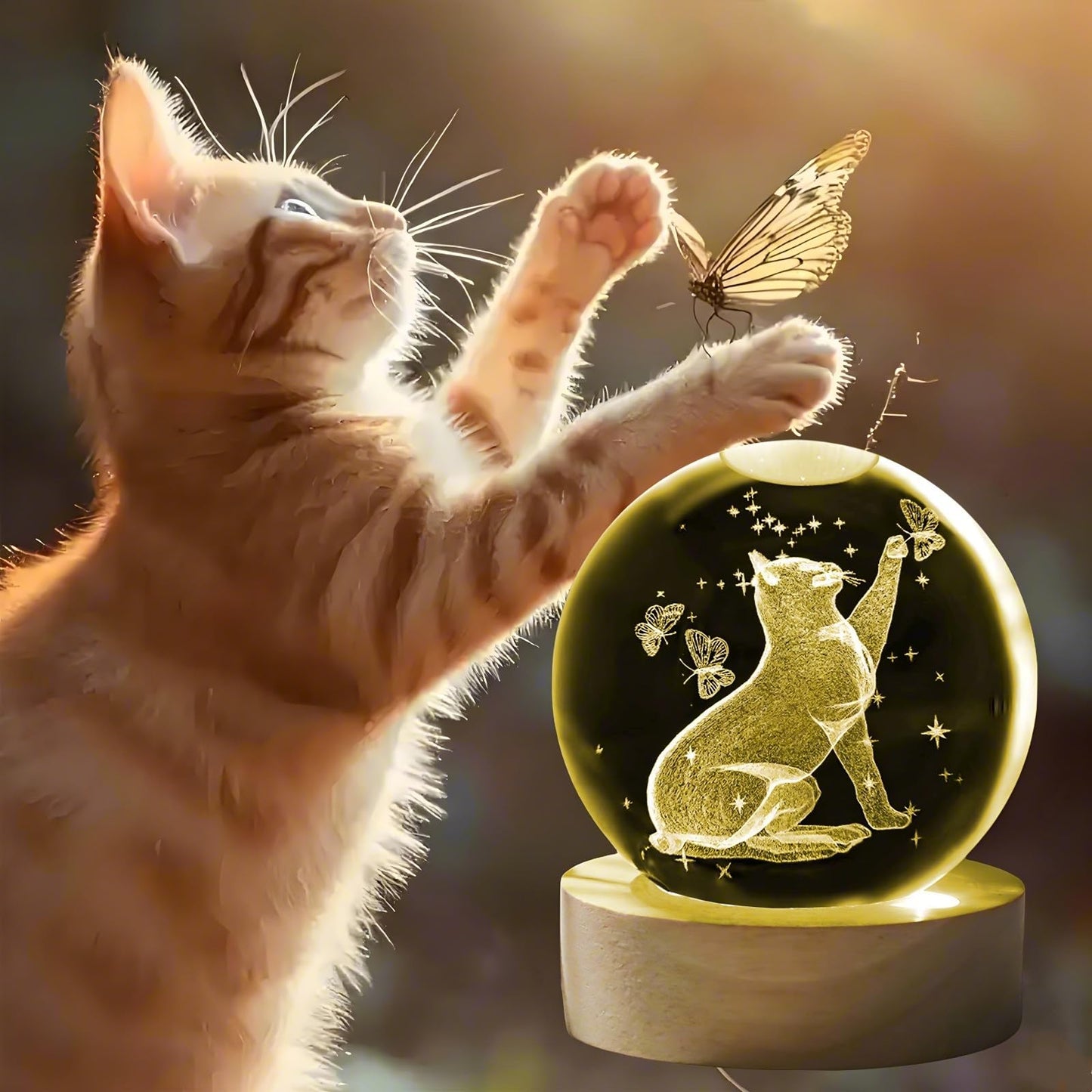 HAKSEIFA 3D Cat Crystal Ball Themed Gifts for Mom Wife Girlfriend Couple Her Cat Lover Gift for Women Birthday Christmas Decorative Glass Ball Decor Night Lamp