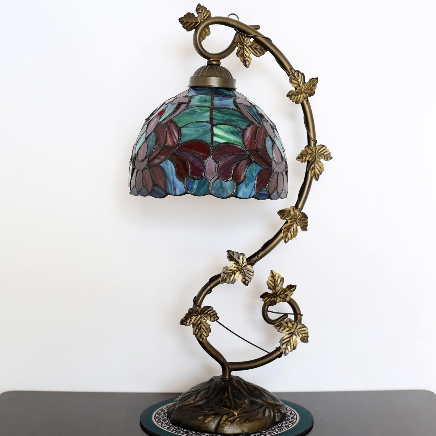 ZYLINX Small Tiffany Lamp Stained Glass Desk Reading Light Red Lotus Style