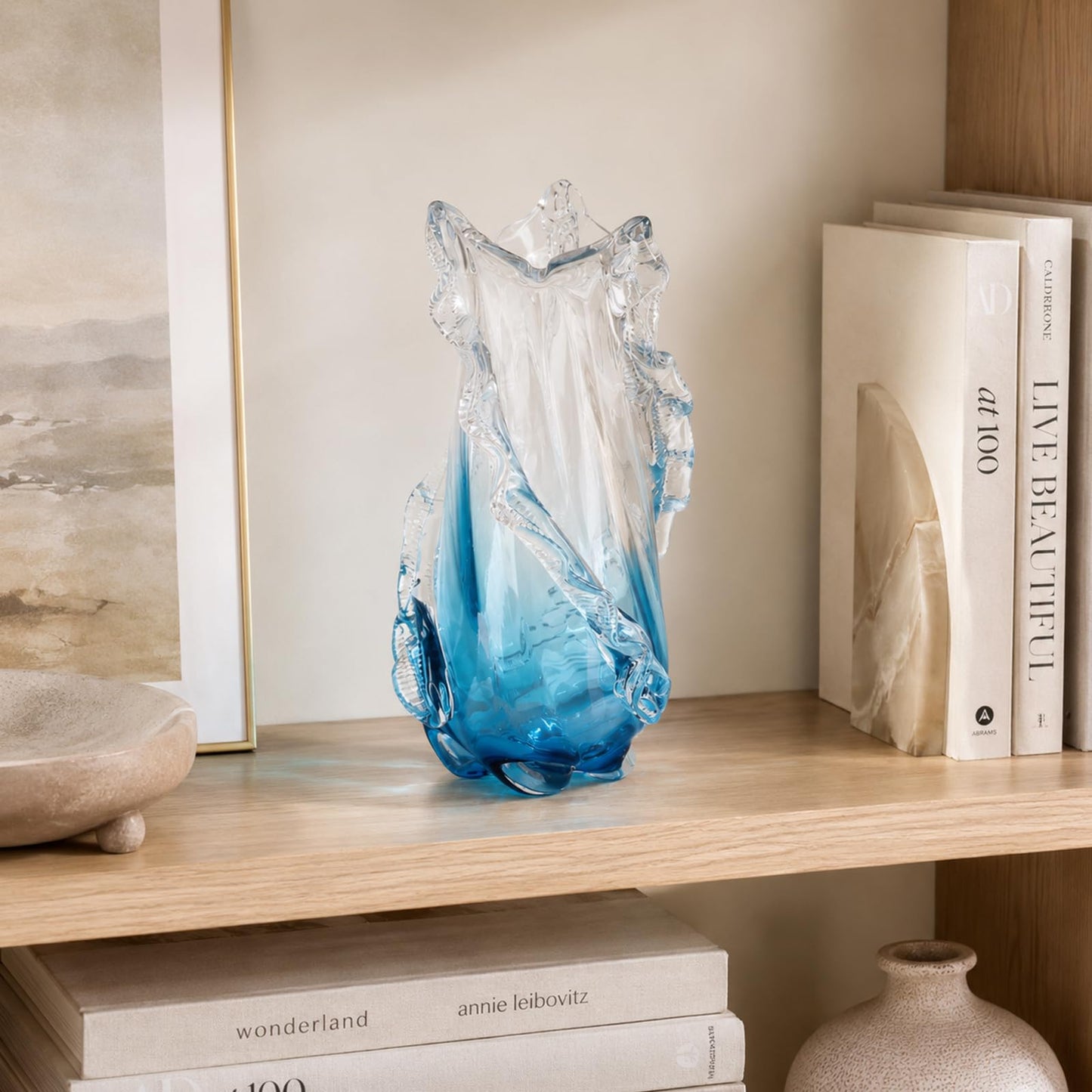oliruim 12" H - Blown Blue Glass Vase, Unique Art Hand Blown Glass Vases for Coastal Home Decor Centerpiece, for Tabletop Shelf Mantel Entryway Room (Large)