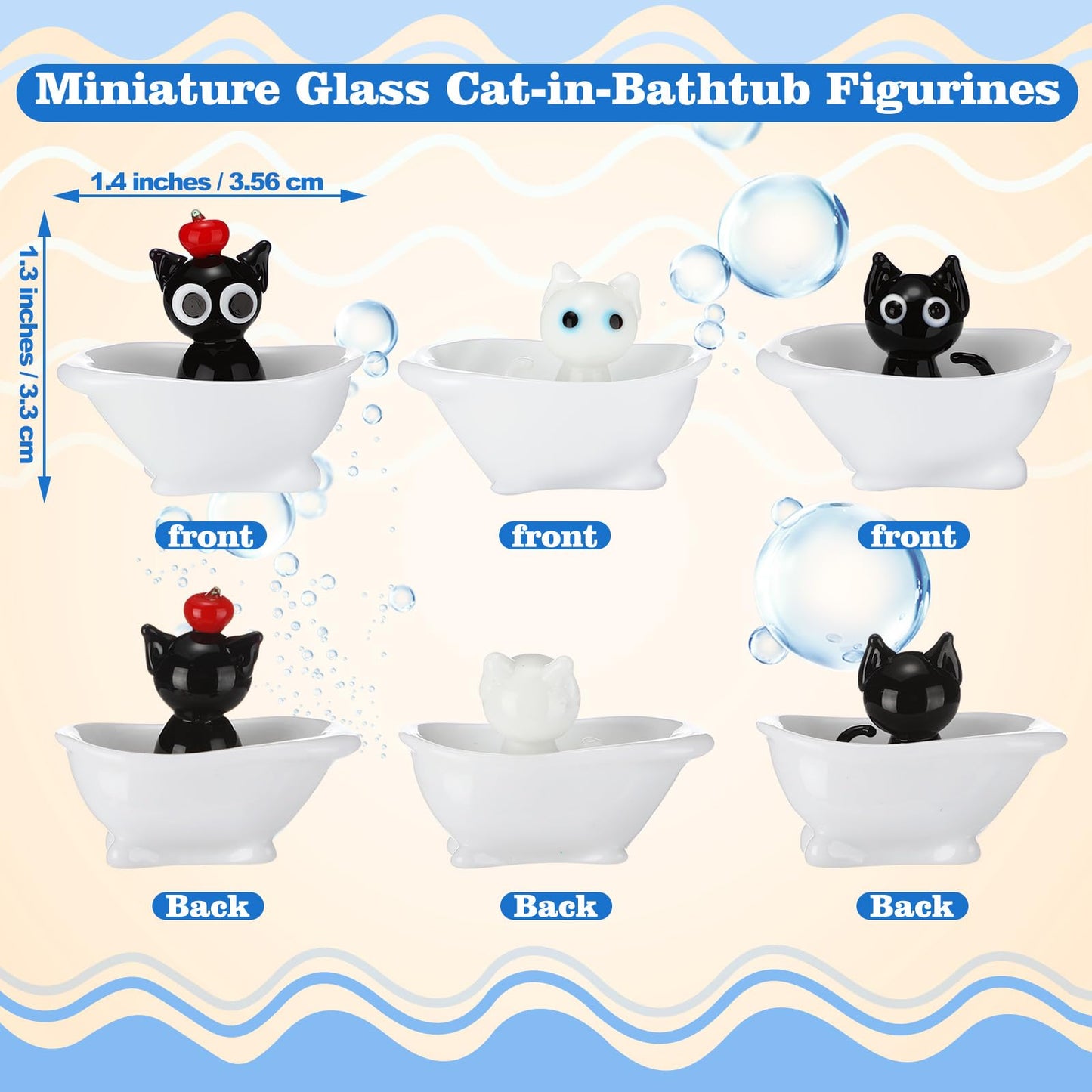 Novabright 3 Pcs Miniature Glass Cat-in-Bathtub Figurines Cute Mini Decorative Ornament for Dollhouse Unique Gift for Cat Lovers Lampwork Collection