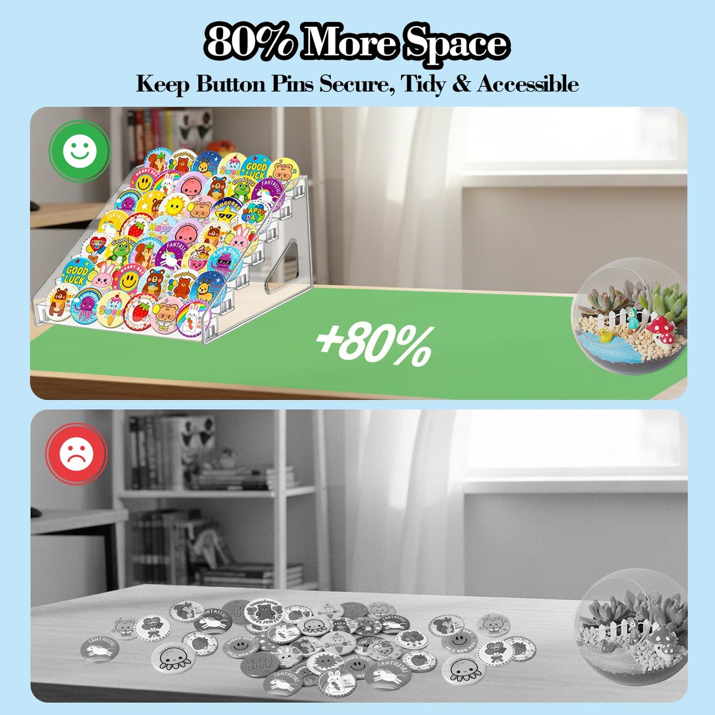deapera 4 Pack 7 Tier Clear Acrylic Display Stand with Fences, Versatile Organizer for Button Pins, Graded Cards, Mini Figures, Makeup, Nail Polish & Coffee Capsules (4 Pack)