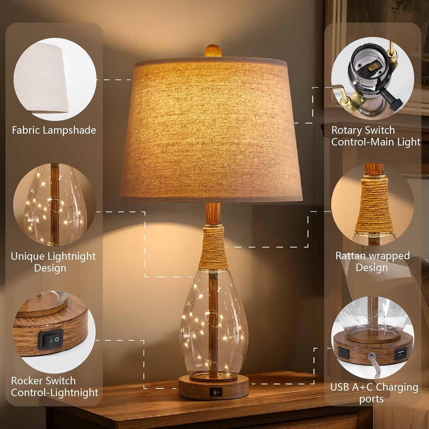 OYEARS Bedside Table Lamps Set of 2 with USB, Modern Bedside Lamps Retro Farmhouse Rattan Glass Nightstand Nightlight Lamps for Bedroom Living Room Dorm,Two Light Points