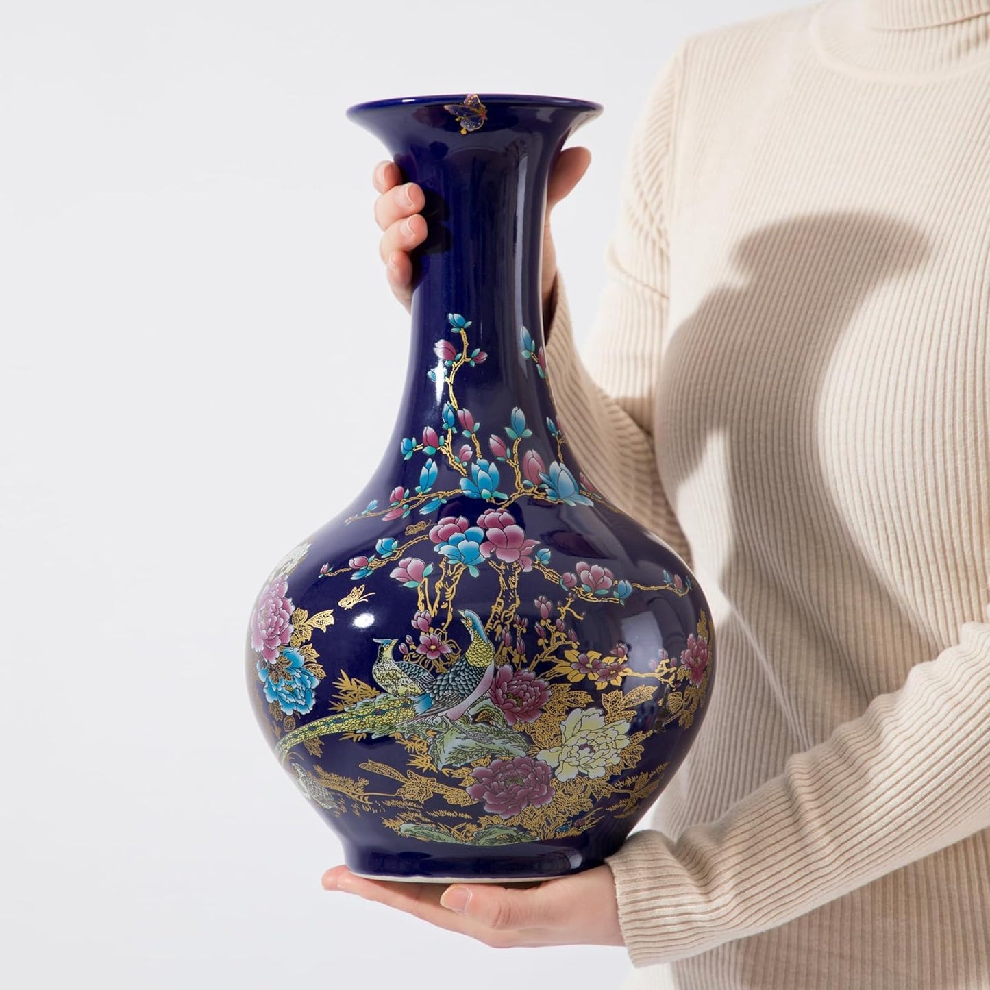 SILINE 14” Large Gorgeous Porcelain Vase,Jingdezhen Art Decor Big Vase,China Handmade Ceramic Flower Bottle -Blue