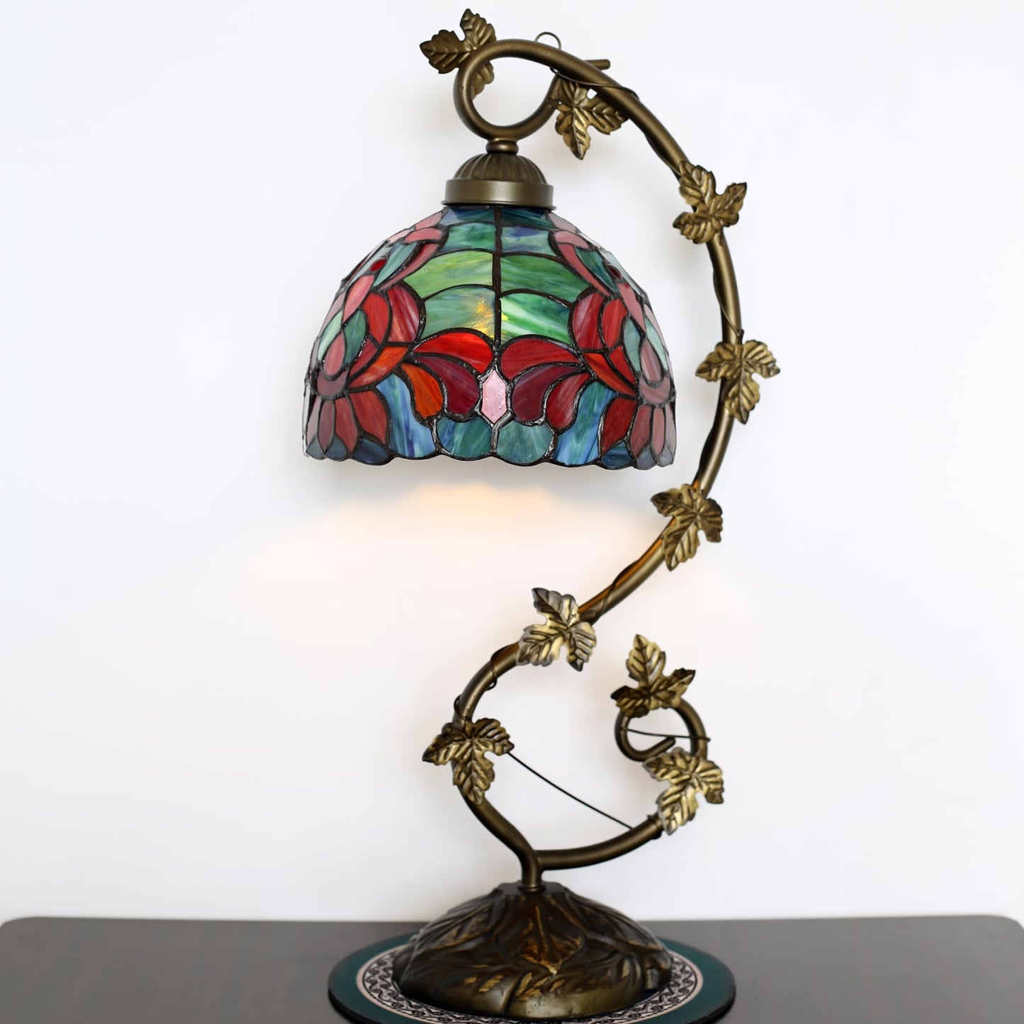 ZYLINX Small Tiffany Lamp Stained Glass Desk Reading Light Red Lotus Style