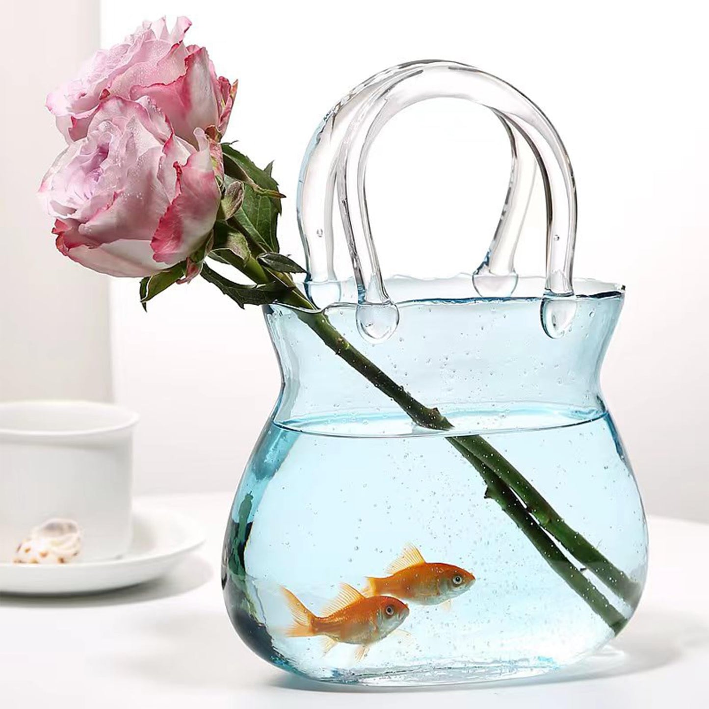 Glass Vase with Elegant Purse Design, Hand Purse vase with Fish Bowl, Unique Flower Vase with Handle and Bubbles - for Home Decor/Office/Garden/Wedding Decor/Enterpiece/Events (Purse Blue A)