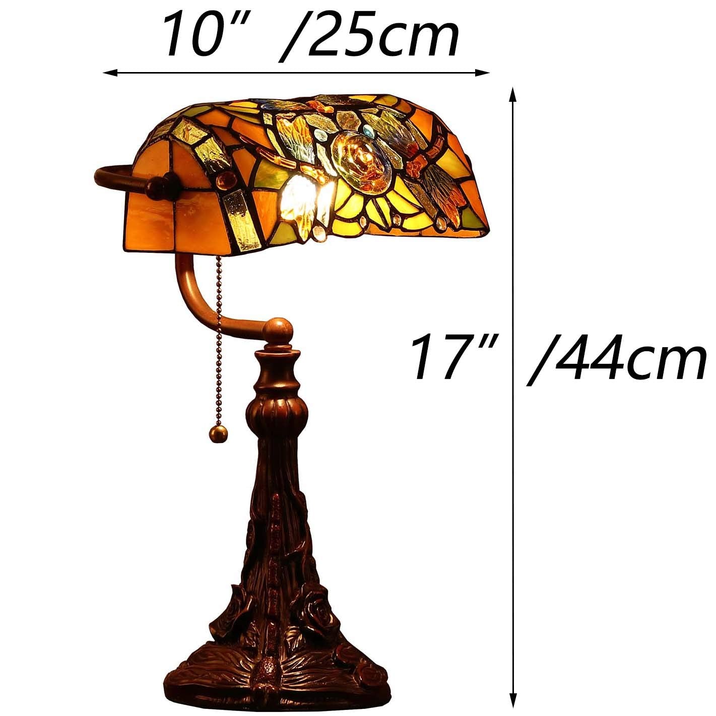Bieye L10308 Dragonfly Tiffany Style Stained Glass Banker Desk Table Lamp with 10-inches Wide Lampshade for Reading Working, 16 inches Tall (Amber)