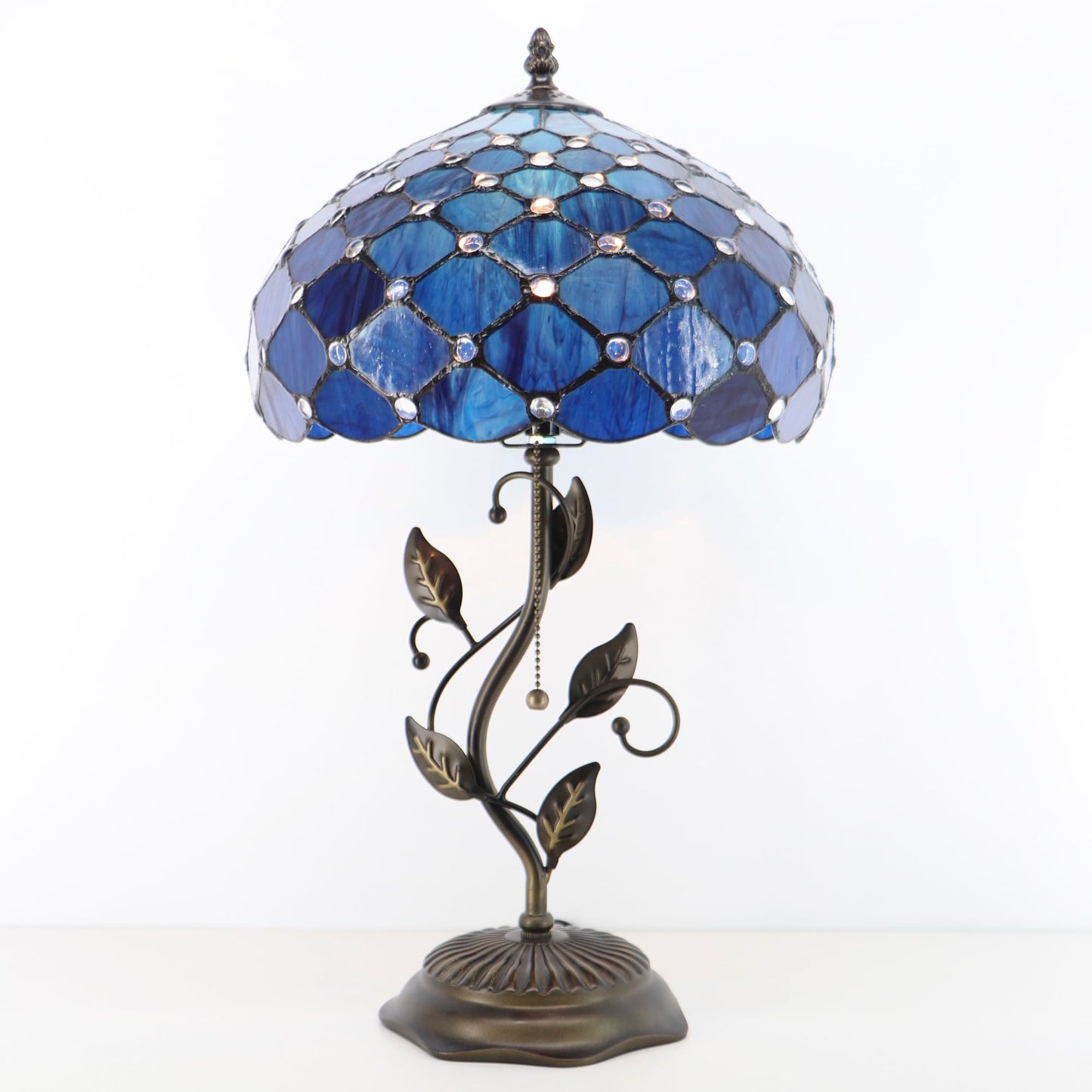 HWDFEI Tiffany Table Lamp, Stained Glass Style Desk Lamp, 12X12X19 Inch,Bedside Reading Light, Metal Leaf Base（Blue Beads Style