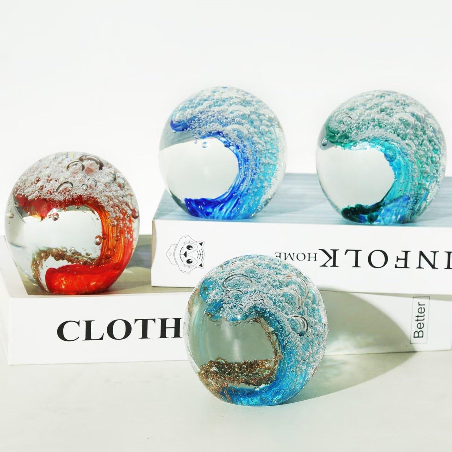 FZBHRO Decorative Crystal Ball Figurines Ocean Waves Paperweight Blown Glass Decor Sea Art Ocean Lovers Gift Blue 3.15"