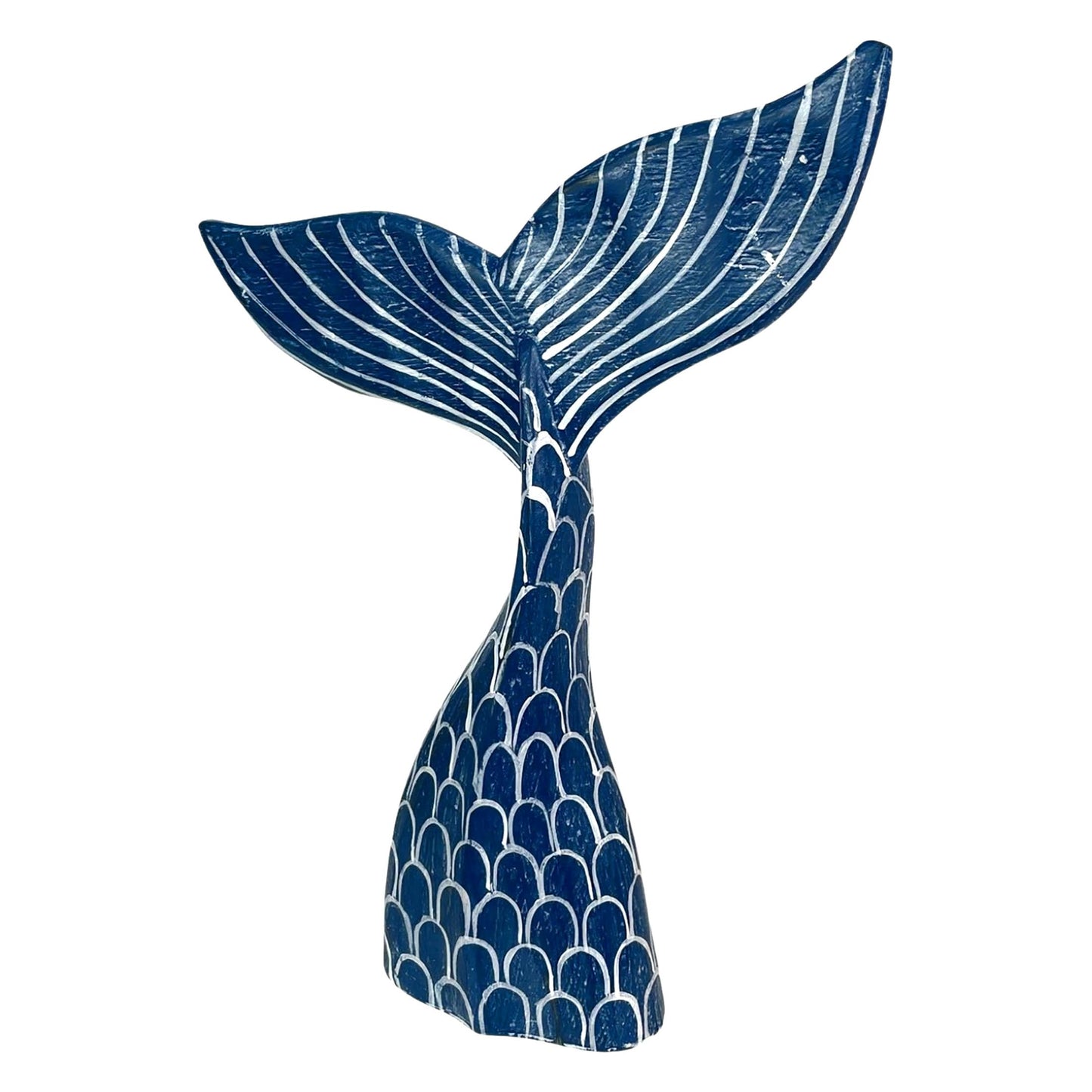 Hand-Carved Navy Blue Wood Mermaid Tail Sculpture – 13.75" Nautical Coastal Table Decor, Beach House Accent, Ocean-Inspired Artisan Art, Indoor Shelf Display Statue, Unique Gift for Ocean Lovers