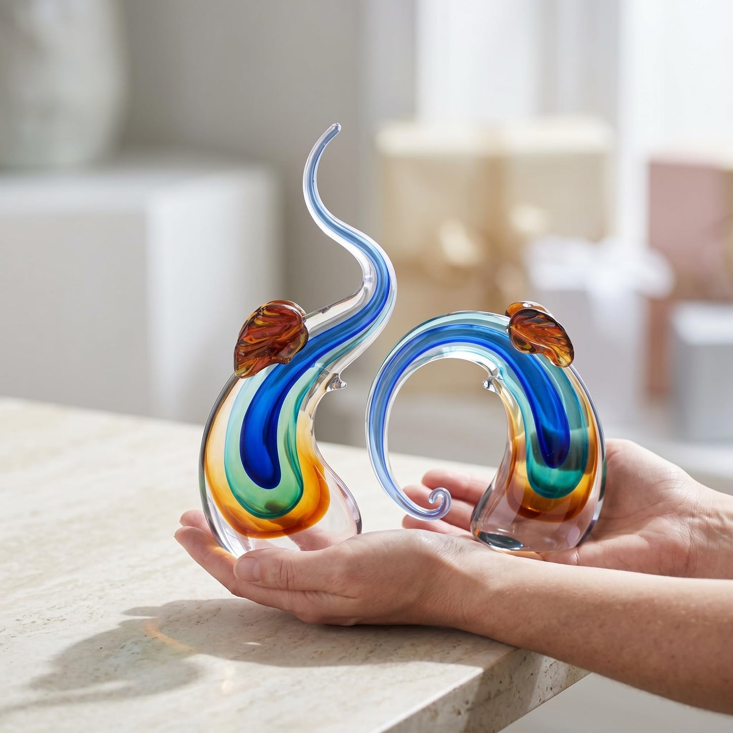 suruim Hand Blown Murano Glass Elephant Statues Set - Luxury Sculptures Home Decor for Living Room & Office Art Glass Ornament Animal Collectible (Blue)