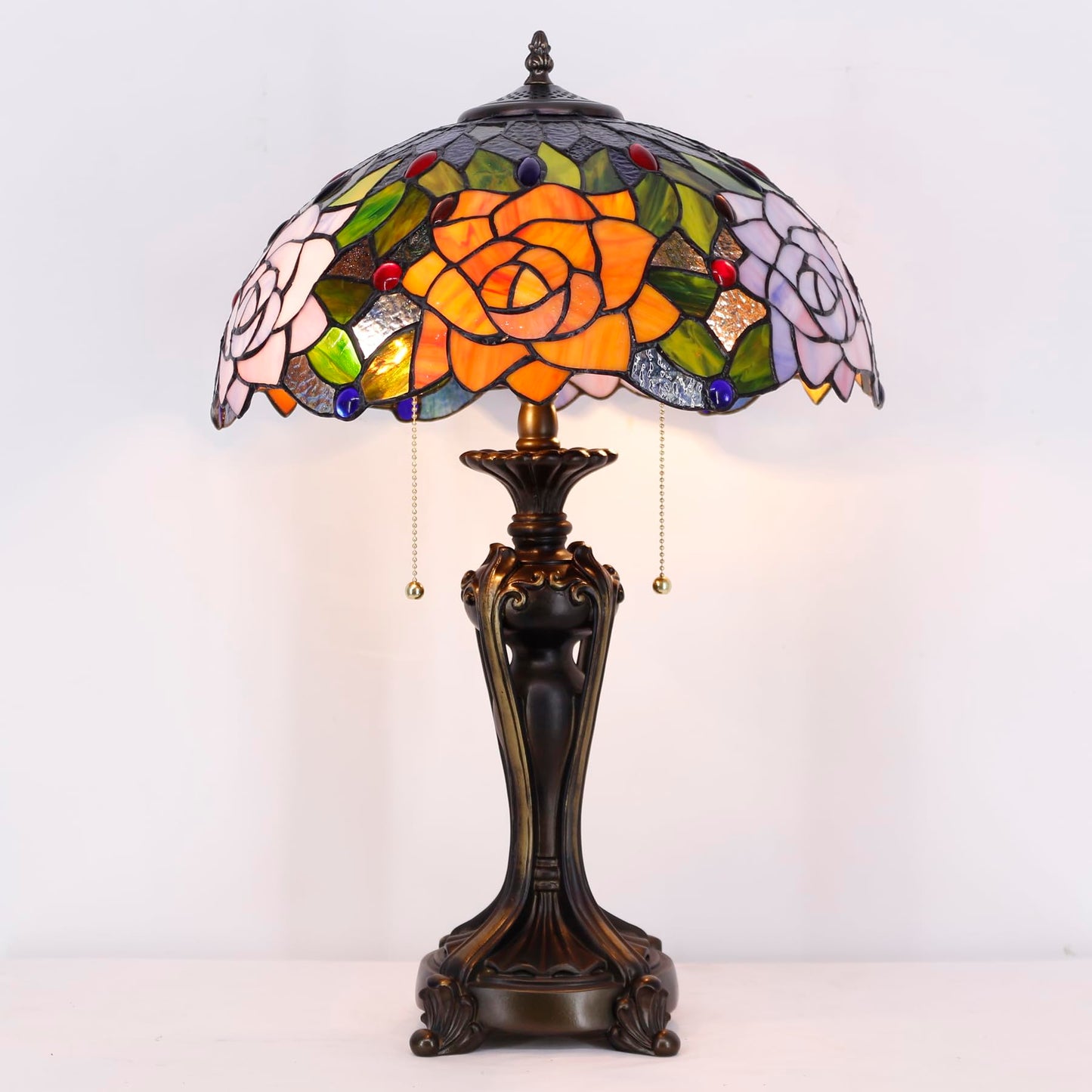 ANYONGLU Tiffany Lamp(2 Lights) Stained Glass Table Lamp Bedside Desk Reading Light 16X16X24 Inch Decor Bedroom Living Room Home Office (Purple Orange Rose)