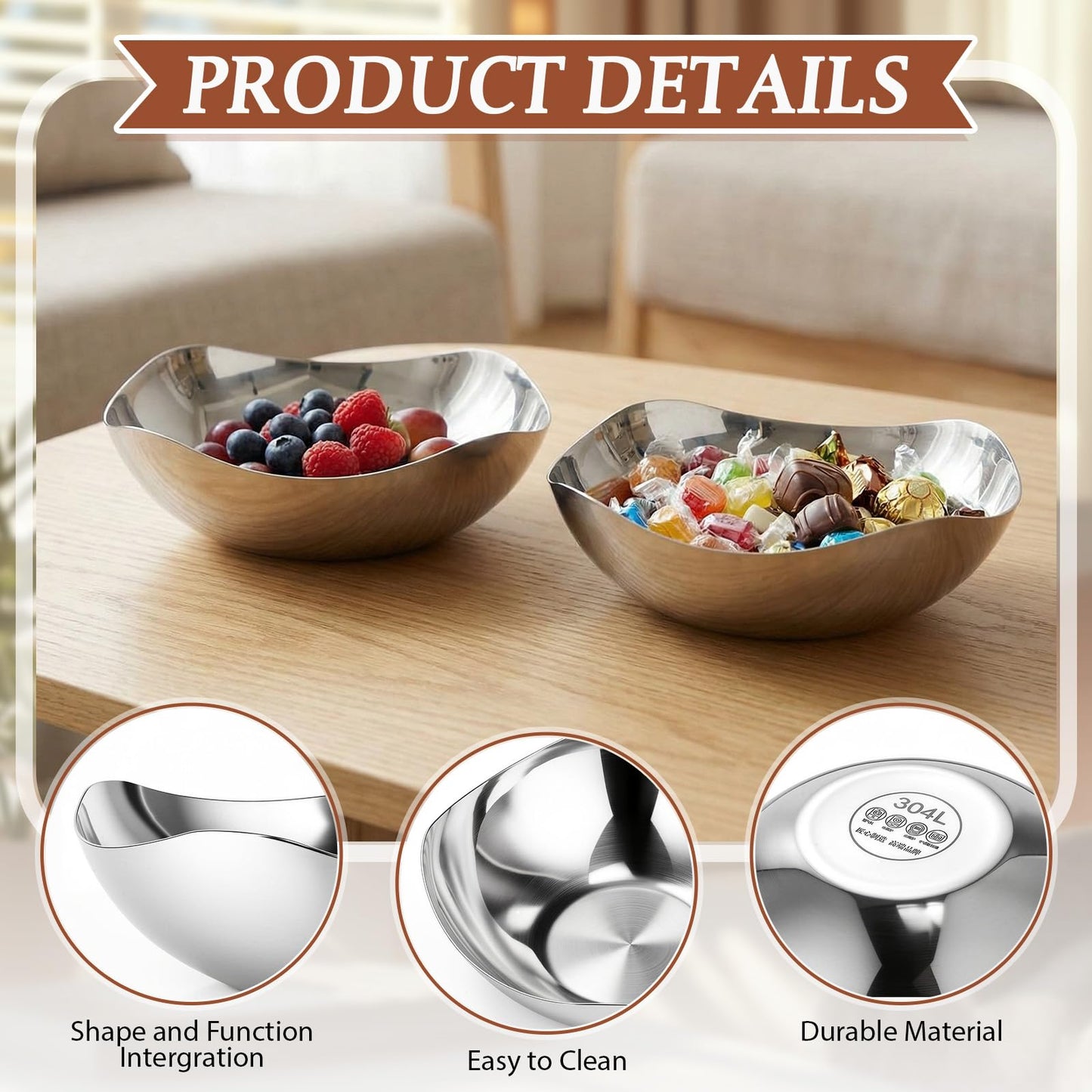 Yiyiring 2 Pcs Large Silver Candy Bowl Stainless Steel Decorative Bowl 8 Inches Candy Dish for Office Entryway Desk Key Tray Table Silver Tray Mirror Polished