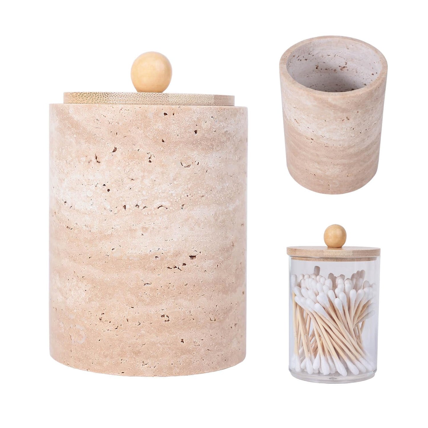 JIMEI Travertine Marble Qtip Holder Dispenser with Bamboo Lid & Clear Plastic Inner Jar - Bathroom Vanity Organizer for Cotton Swab, Ball, Makeup Pads, Floss - Storage Container (Beige)