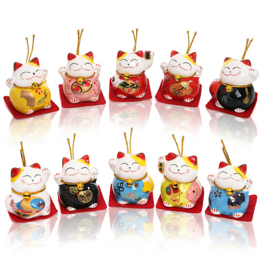 Elsjoy Set of 10 Mini Maneki Neko Lucky Cat, 2 Inch Ceramic Beckoning Cat Statue Japanese Fortune Cat Figurines for Home Decor, Gift