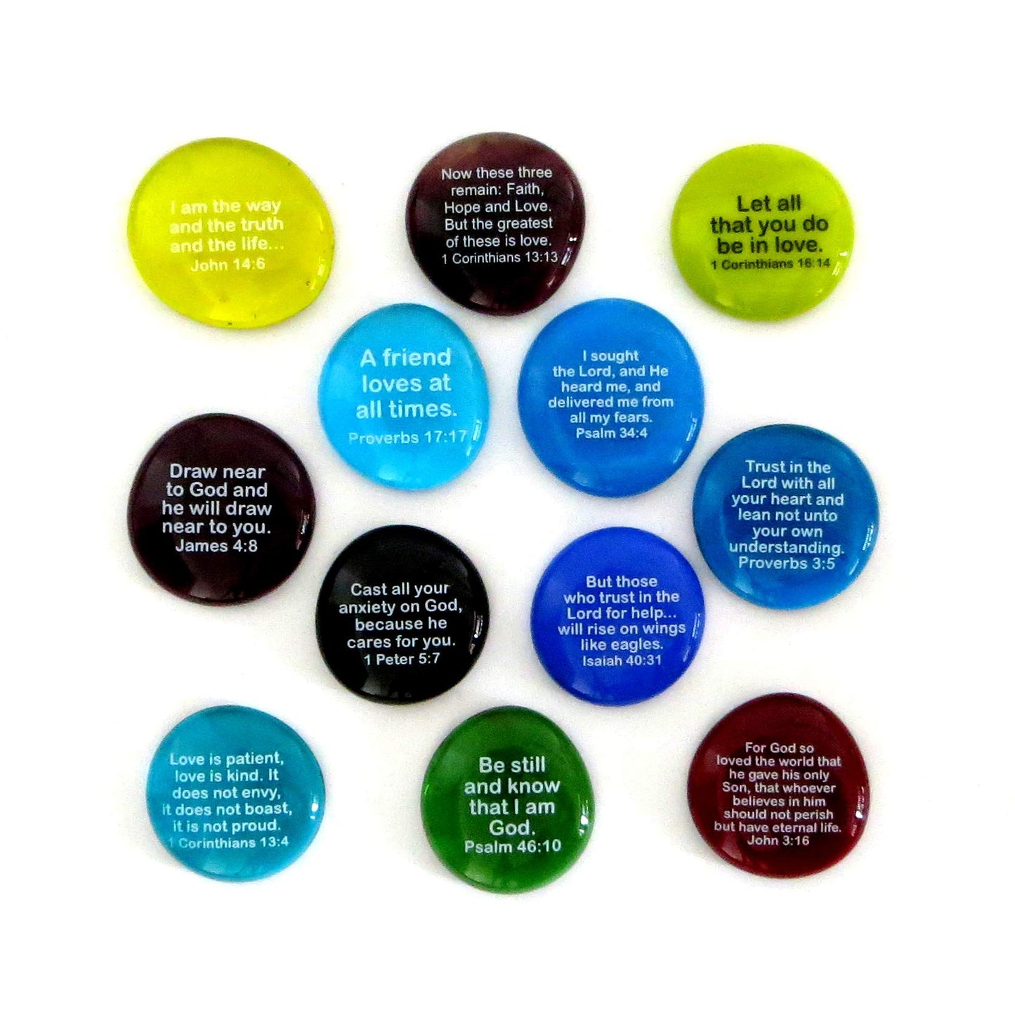 Lifeforce Glass Scripture Glass Stones, 12 of Your Favorite Inspiring Bible Verses on Translucent and Opaque Rocks, Set II.