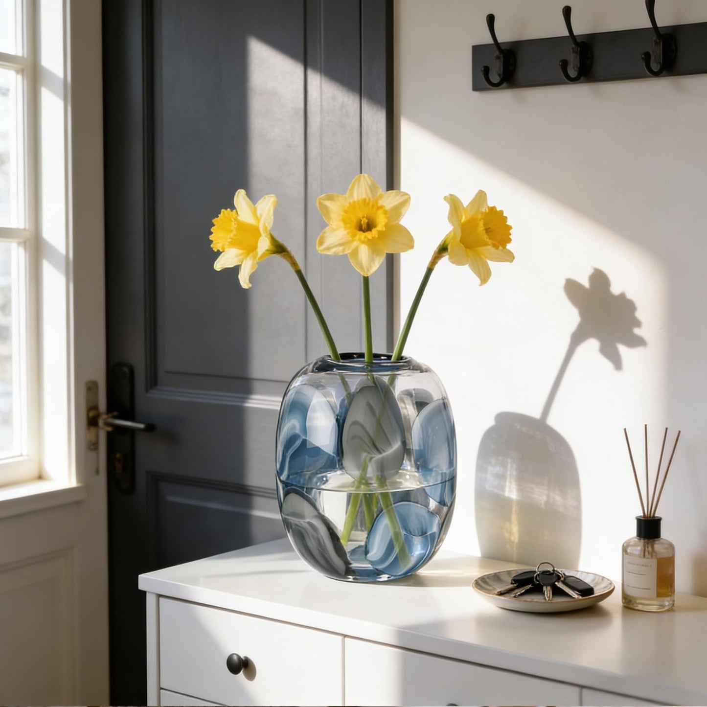 oliruim 8.4" H - Hand Blown Blue Glass Vase, Wide Mouth Round Vase for Flowers, Beautiful Modern Coastal Decor for Home Living Room Bedroom Tabletop Centerpiece (Small)