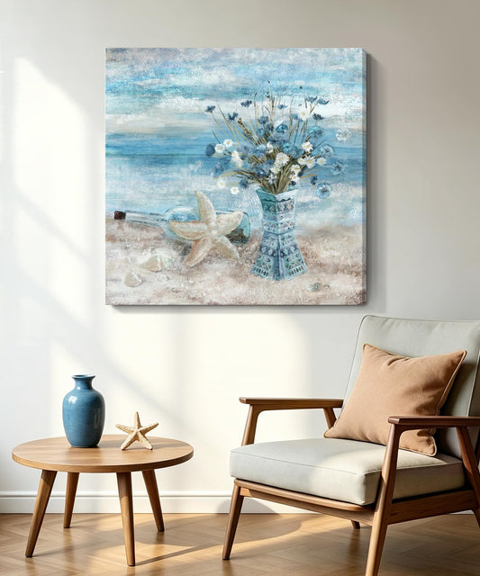 Beach Wall Art for Living Room Blue Ocean Theme Canvas Print Modern Abstract Coastal Picture Seascape Painting Daisy Flower in Indian Vase Framed Artwork for Seaside Bedroom Bathroom Office 24x24inch