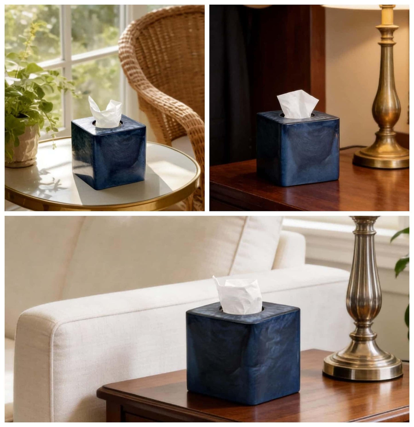 Navy Blue Pearl Swirl Square Tissue Box Cover Holder with Open Bottom.Modern Resin Tissue Box Cube Dresser Accessories for Bathroom Livingroom Kitchen Office,Home Decor Gifts