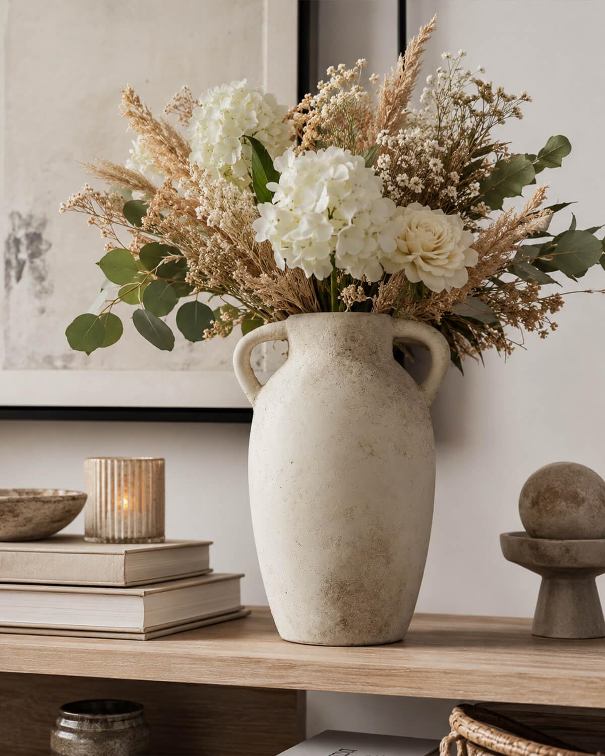 Ceramic Flower Vase Home Decor – 9.8 Inch Pottery Rustic Farmhouse Decorative Vase with Handles for Table Centerpiece, Shelf & Mantel, Beige