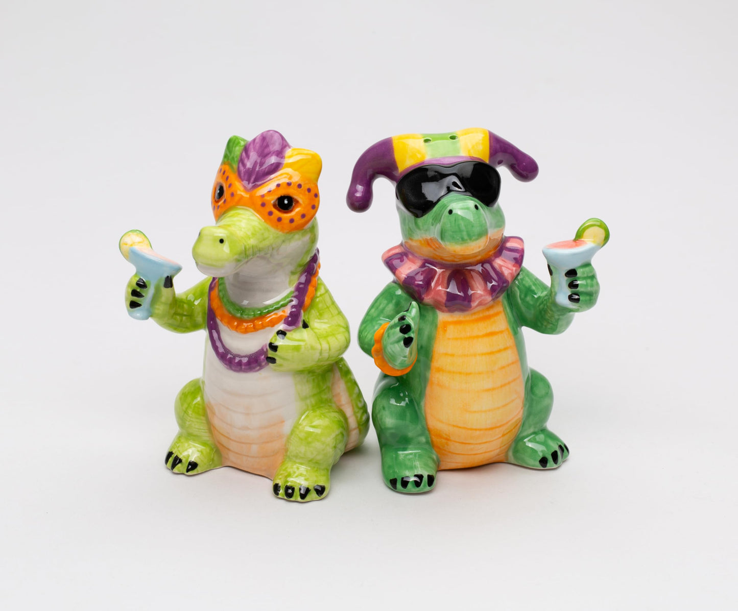 Fine Ceramic Mardi Gras Fat Tuesday Masked Crocodille Allegator Salt & Pepper Shakers Set, 3-7/8" H