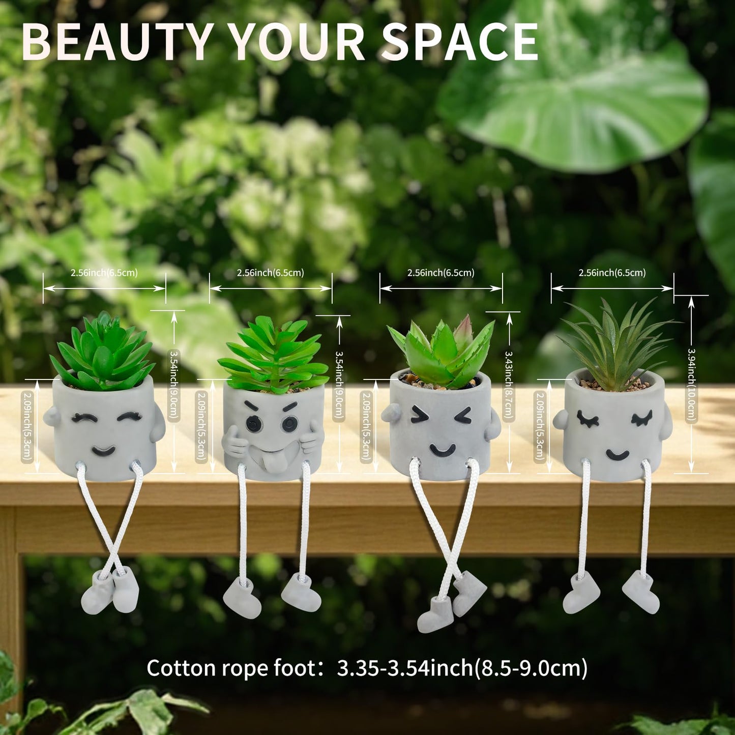 LUZOGA Set of 4 Small Faux Succulents in Cement Pots with Hanging Legs, Potted Mini Fake Plants for Desk, Office Cubicle, Kitchen, Bathroom, Wall Shelf Decor, Room & Bookshelf Ornament
