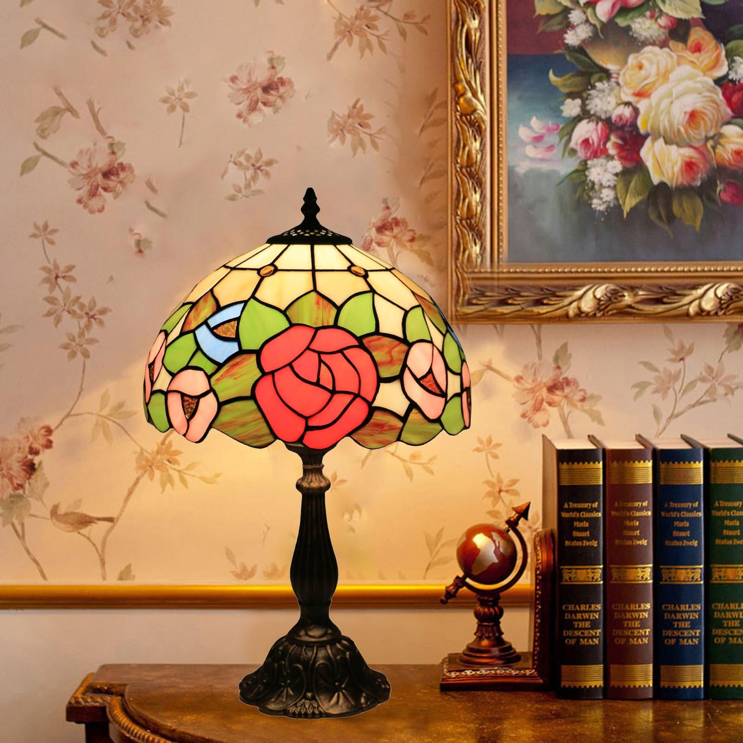 tuomoxte Tiffany Style Table Lamp, Stained Glass Bedside Lamp, Handmade Antique Desk Lamp, Red Rose Pattern, for Living Room Bedroom Home Office, Height 19 Inch, Width 12 Inch, Include LED Bulb