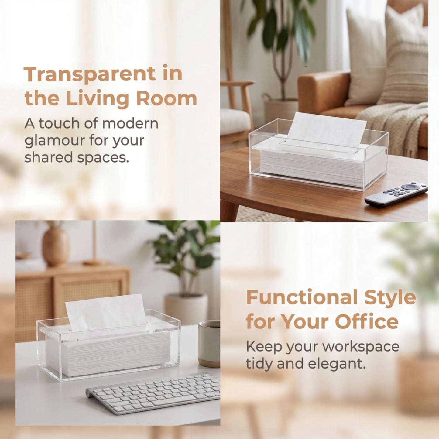 Dicunoy Acrylic Tissue Box Holder with Sinking Lid, Rectangular Facial Paper Holder with Removable Cover, Facial Napkin Dryer Sheet Dispenser for Vanity Counter, Dresser, Kitchen, Office, Bathroom