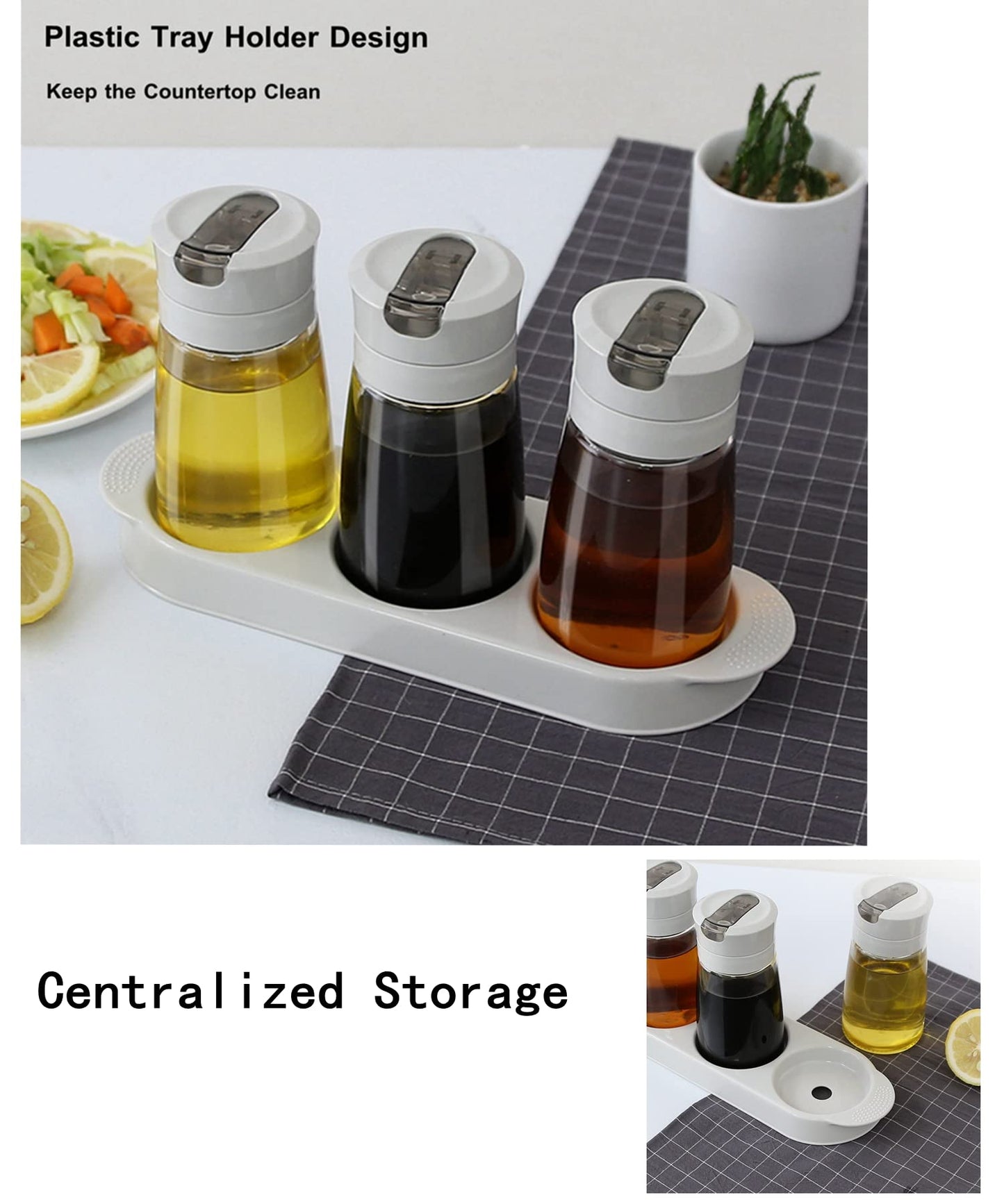 TIAN CHEN Soy Sauce Dispenser Set, Auto Flip Cap Vinegar Bottles, 3 in 1 Leakproof Glass Cooking Oil Container with Base Small(8.5OZ, Apricot)