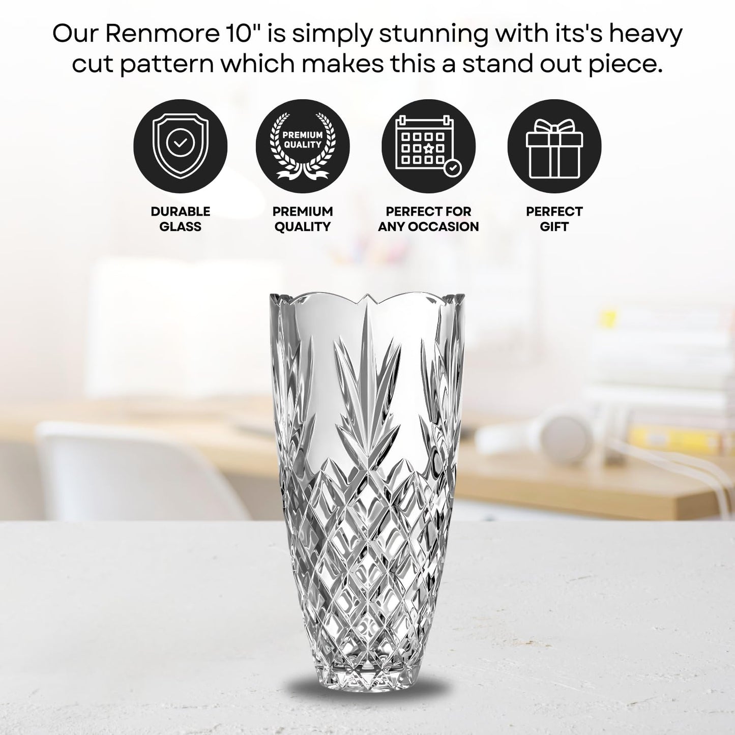 Galway Crystal Renmore Vase 12"H x 8"W, Cut Glass Cylinder Flower Vase, Decorative Centerpiece for Home Decor