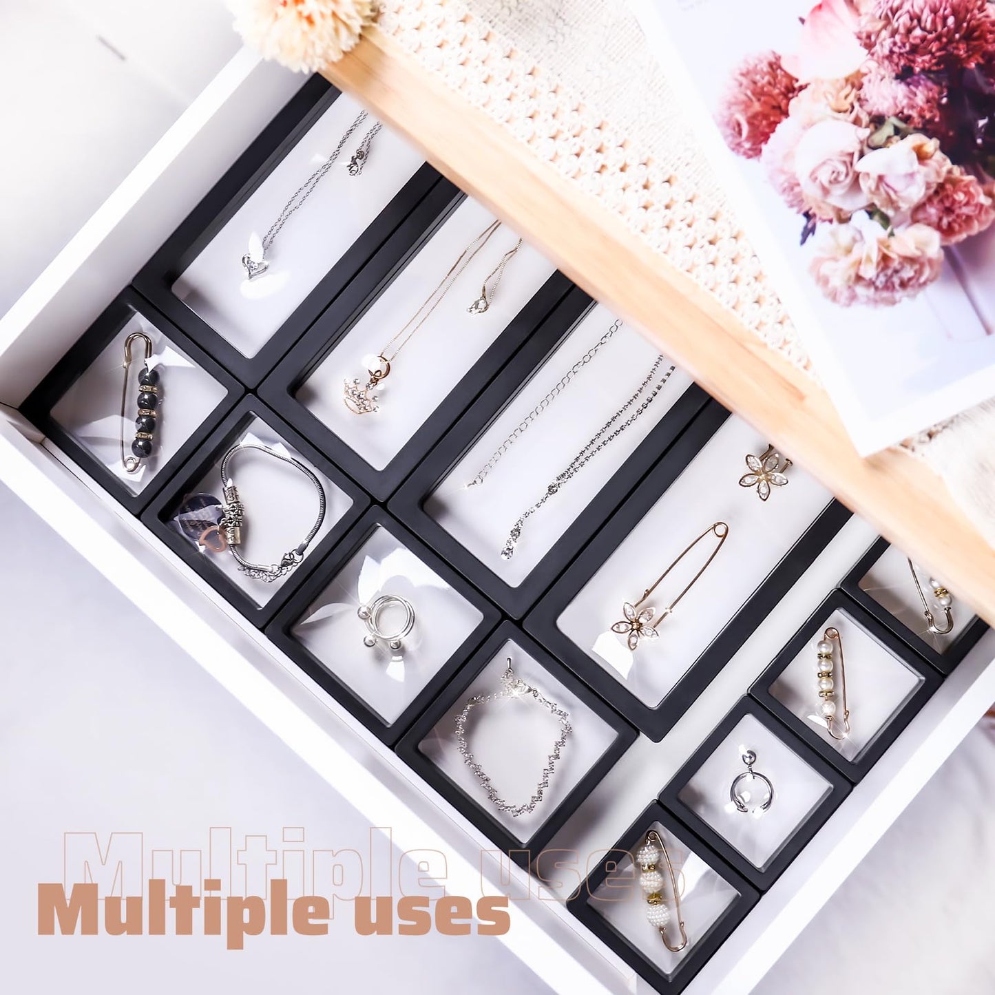 Hoemwarm 30 Pack 3D Floating Display Stand Floating Frame Display Case Coin Display Holder with Base Transparent PE Jewelry Storage Box Black Freeze Seal Frame for Jewelry,Specimen,Medallions(Black)