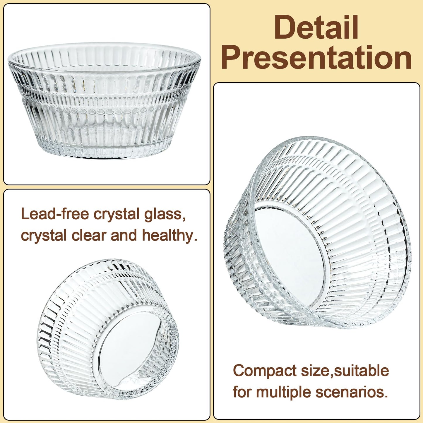 JGKYLDZ Vintage Glass Dessert Bowls, 11oz Sundae ice cream Bowl, Thickened Lead-Free Glass Bowls for Ice Cream, Fruit, Yogurt, Oat, Pudding, Appetizers & Party Snacks (4)