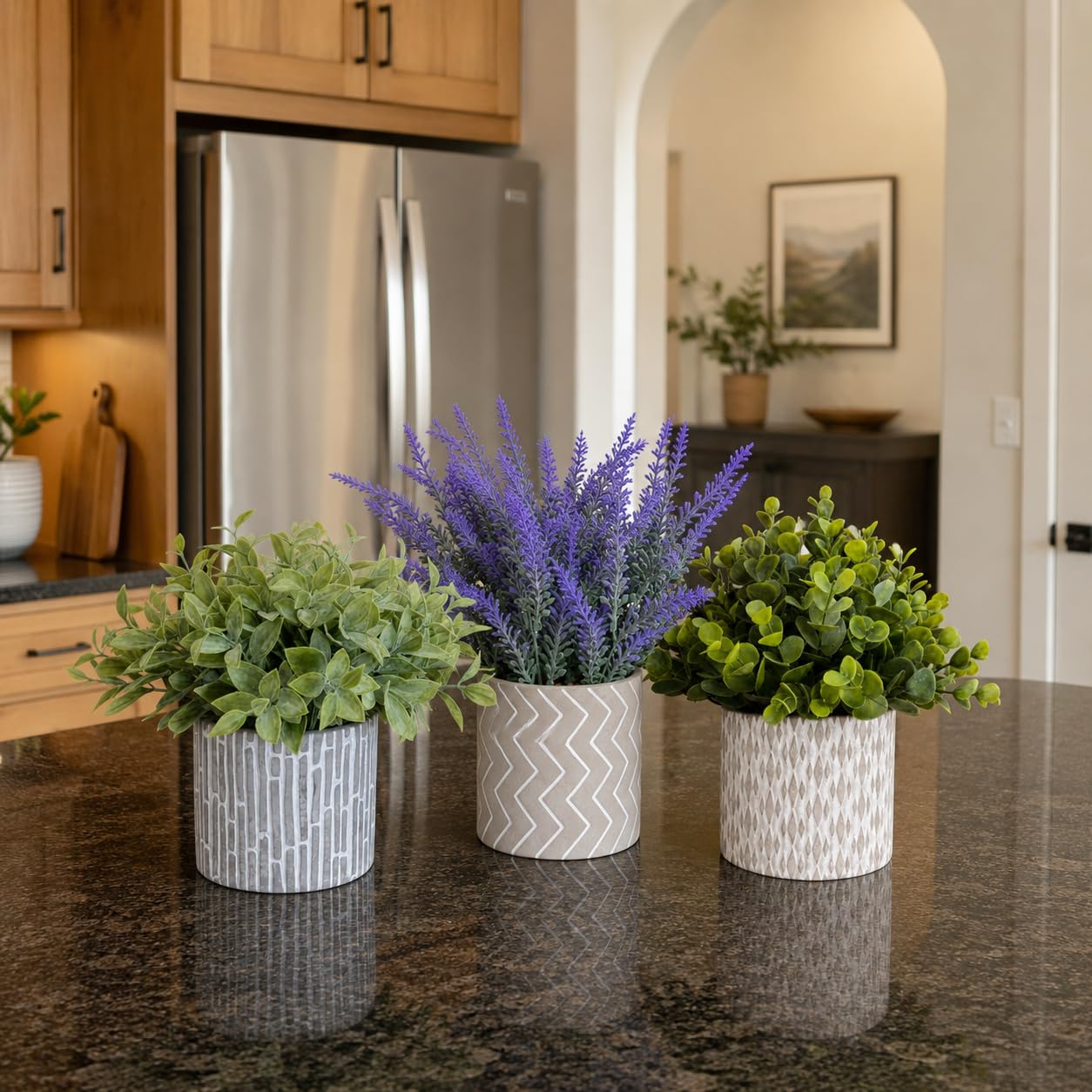 JOLLYMER Set of 3 Artificial Potted Plants, Faux Eucalyptus Lavender and Tea Tree Greenery in Cement Pots, Small Fake Plants for Shelf Bathroom Office Desk Decor