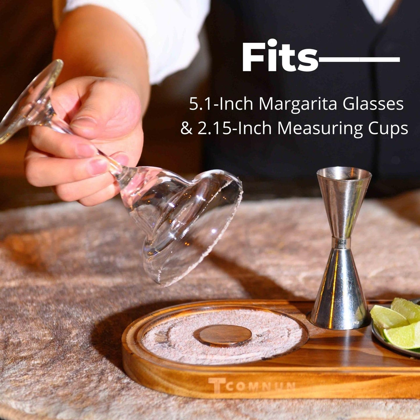 Margarita Salt Rimmer Set - Wood and Stainless Steel 3-in-1 Cocktail Glass Rimmer for Salt, Sugar, Lime – Fits Glasses up to 5.1 Inches – Complete Margarita Kit for Cocktails (1pack)
