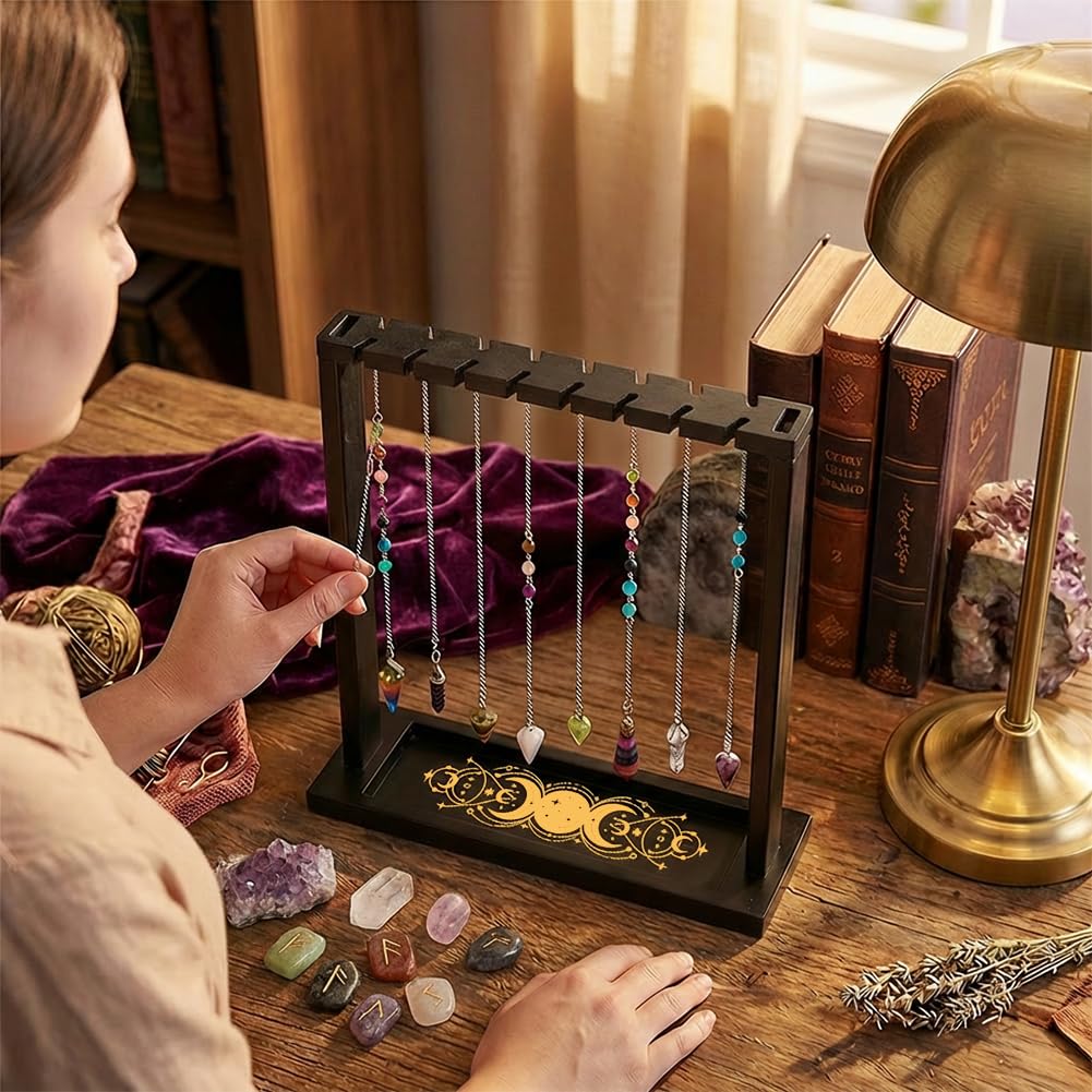 BEUNITONE Moon Design Display Stand, Wooden Crystal & Jewelry Holder Organiser for Necklaces Stones, Divination Tools and Witchcraft Supplies for Home Decor, Market Stall and Craft Fair Showcase