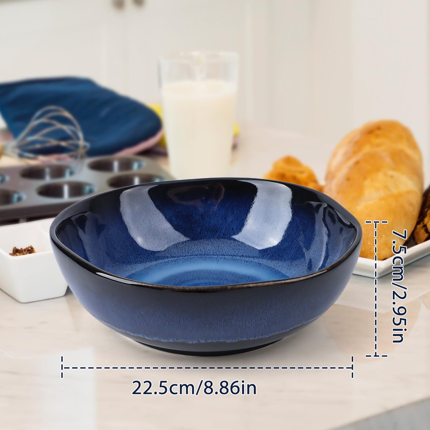 YIK TUNG 47Oz Large Ceramic Salad Bowls,8.9" Round Serving Bowl with Blue Vertical Stripe Design for Serving Pasta,Soup, Cereals,Fruit, Chips, and More, Microwave & Dishwasher Safe