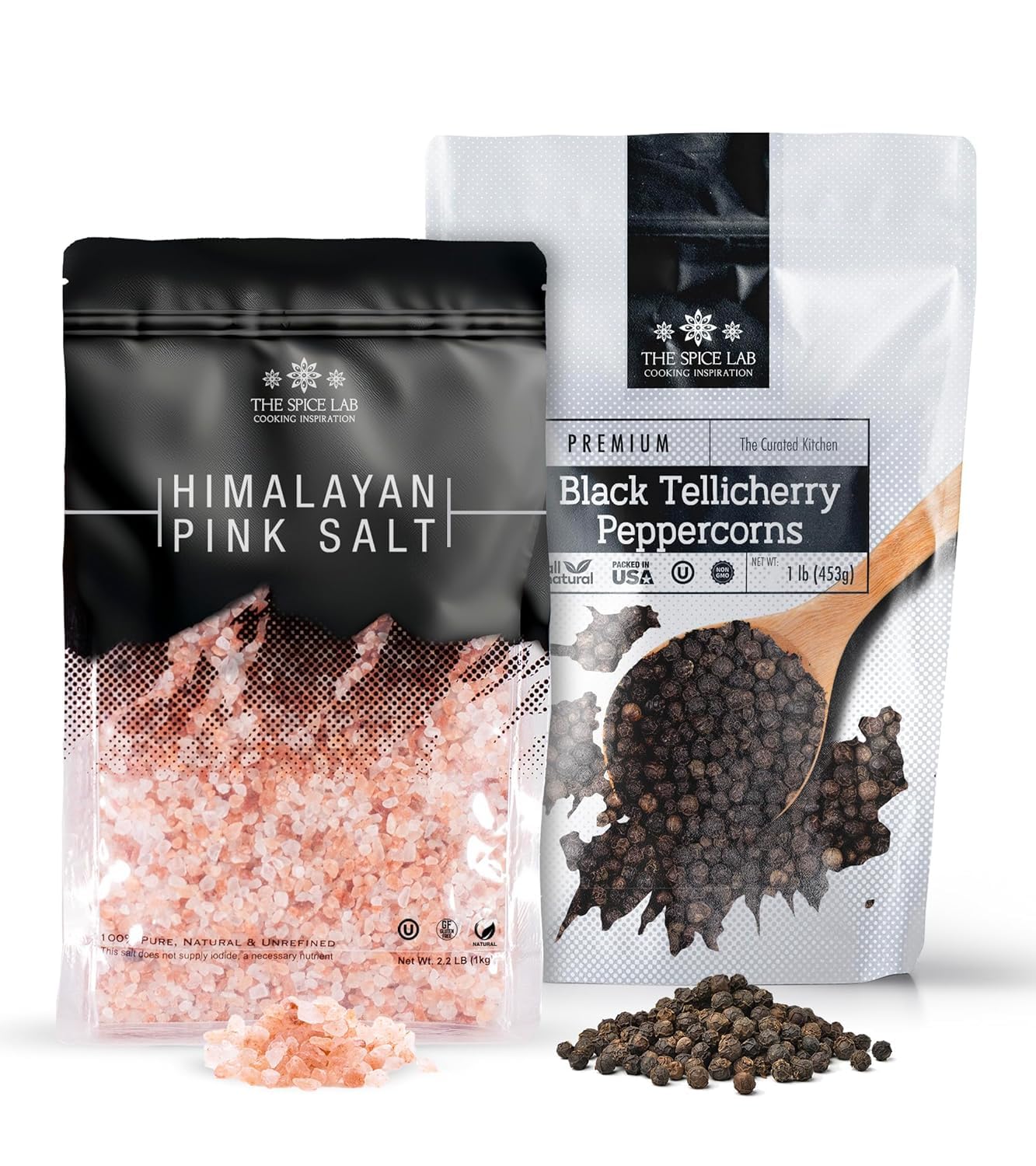 Grinder refill kit - 2.2 Lb bag of Pink Himalayan Coarse Salt & 1 Lb of Tellicherry Black Peppercorns - Salt and Peppercorn refill Gift Pack - Premium Himalayan Salt and Tellicherry Peppercorns for use in a Grinder or Salt Mill. By The Spice Lab