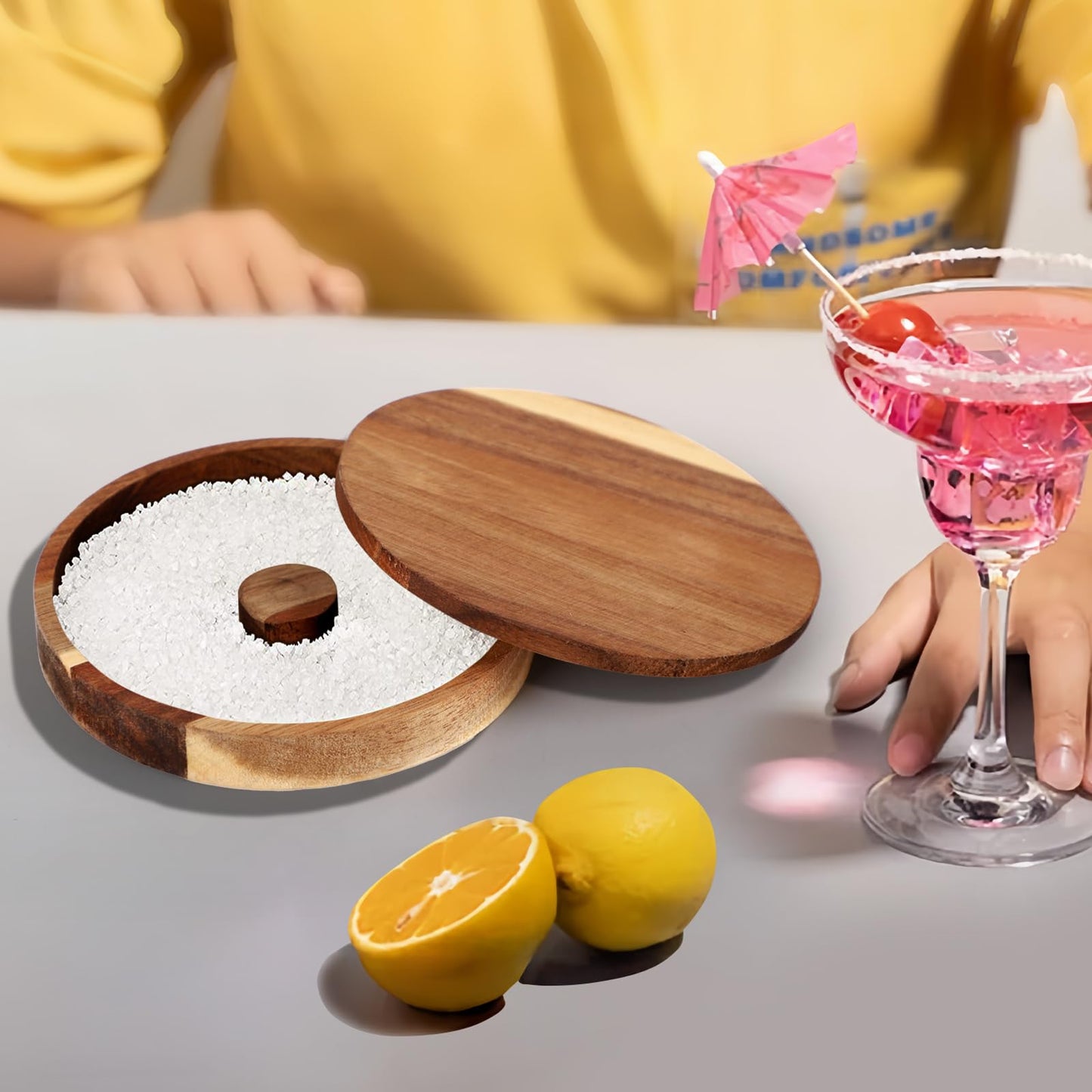 4 Pcs Acacia Wood Margarita Salt Rimmer Set, 6" Glass Rimmer for Cocktails, Bartender Tool Kit Home Bar Accessories, Rimming Salt Sugar Rimmer Plate with Lid for Drinks Cocktails Party Restaurant ﻿