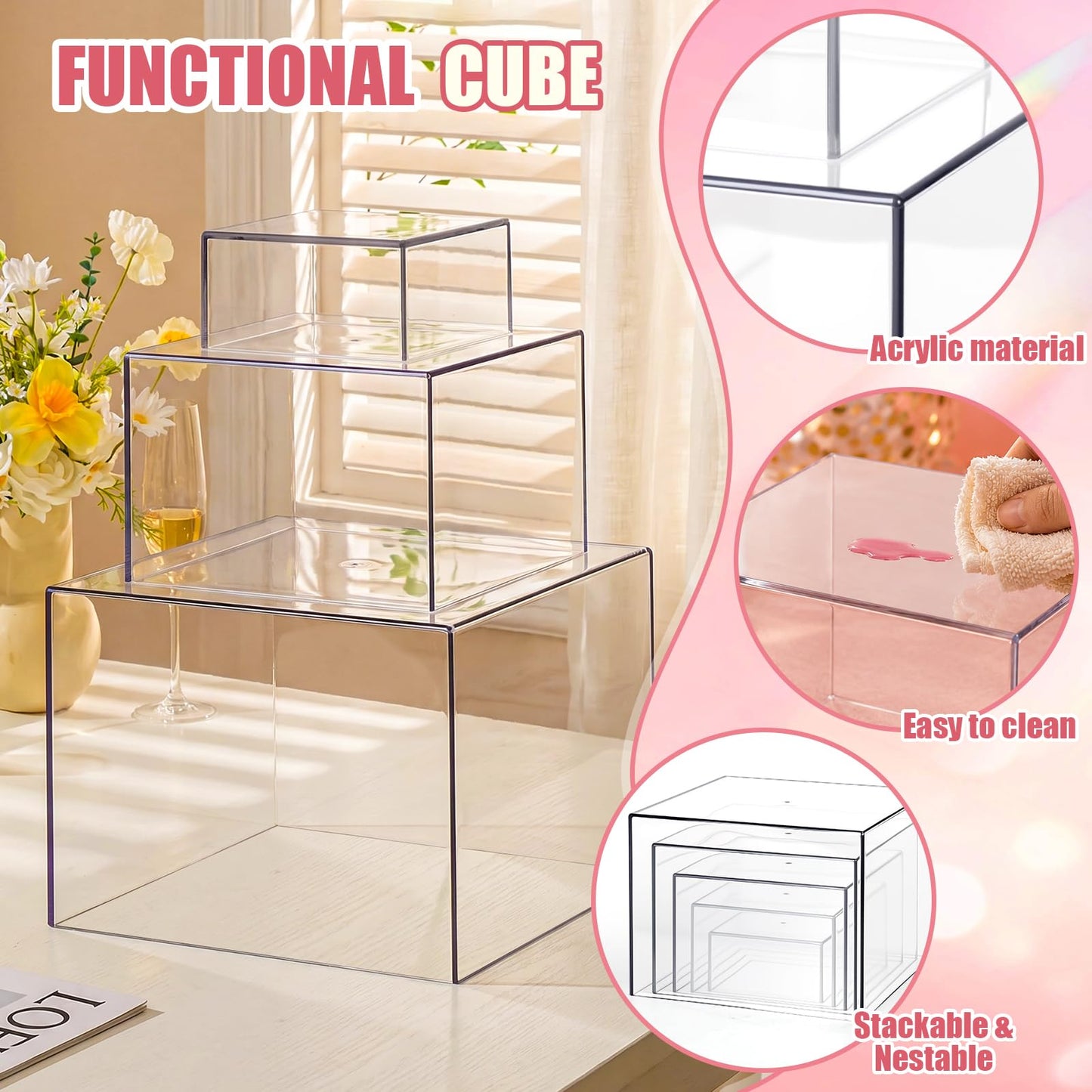 Budiwati 6 Pcs Acrylic Buffet Risers, Clear Stackable Food Display Stand, Nesting Cube Box with Hollow Bottom, Food Risers for Buffet Table Dessert Jewelry Catering(8'' 7'' 6'' 5'' 4'' 4'')