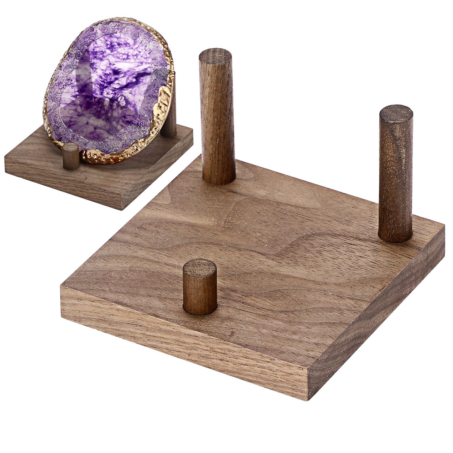 Hipiwe Rock Display Stand Three-Peg Display Easel Stands Walnut Wooden Crystal Rock Holder for Fossil Coral Geodes Rock Mineral Agate, Crystal Display Stand with Square Base, Large